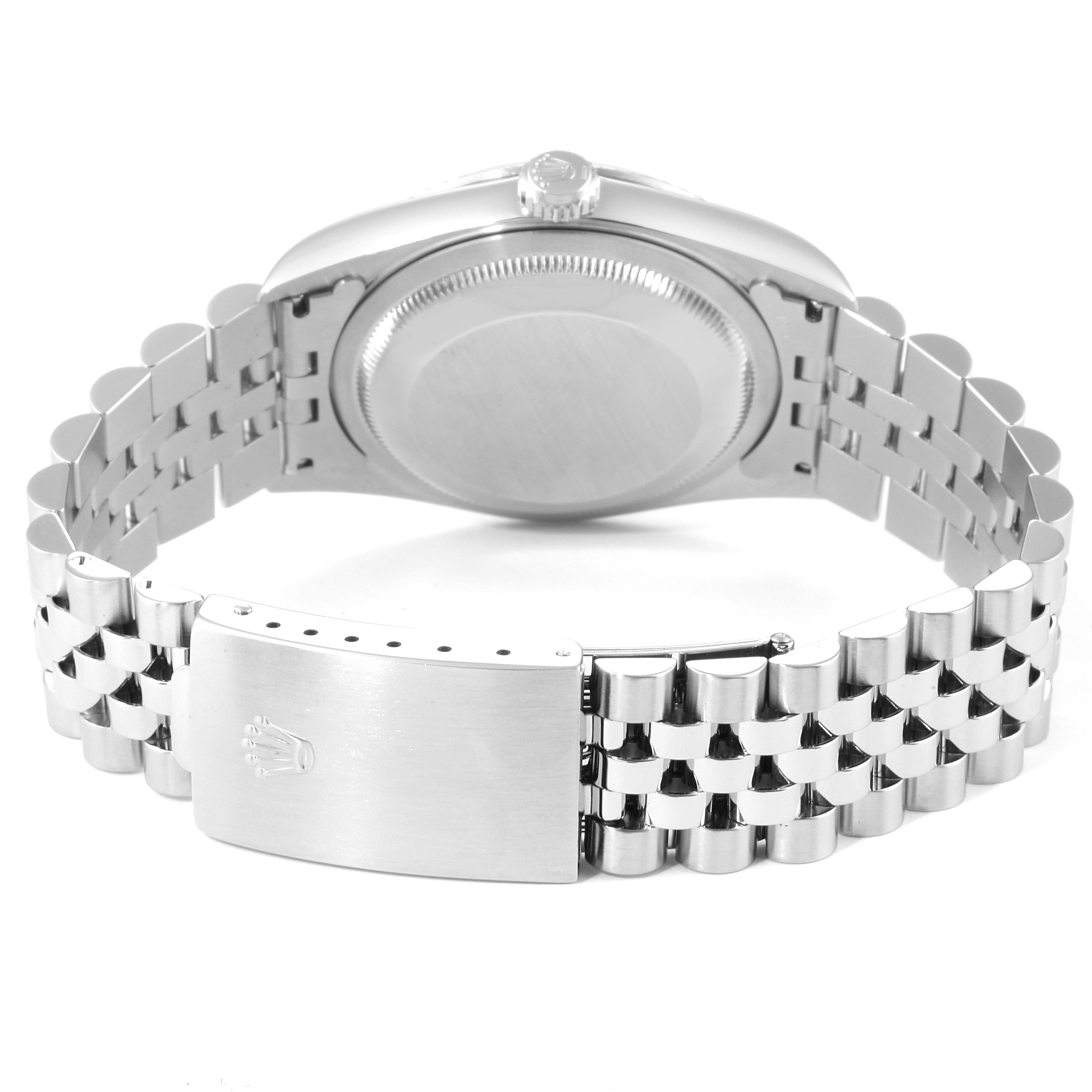 The image shows the back case and Jubilee bracelet of a Rolex Datejust 16234 Men's Stainless Steel Silver Dial 16234 Men's Stainless Steel Silver Dial watch viewed from the rear angle.