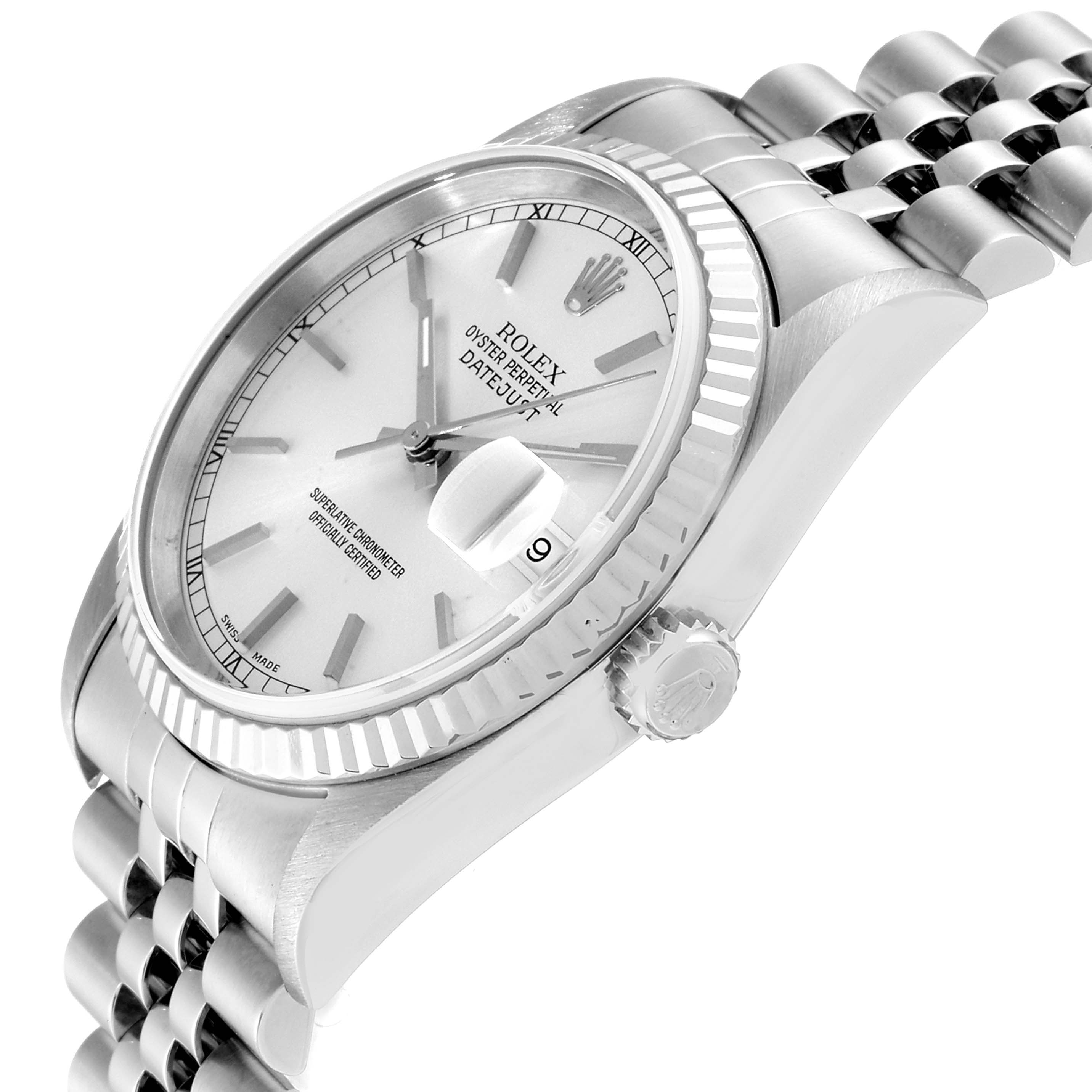This image shows a side view of a Rolex Datejust 16234 Men's Stainless Steel Silver Dial 16234 Men's Stainless Steel Silver Dial watch, highlighting the face, crown, and part of the bracelet.