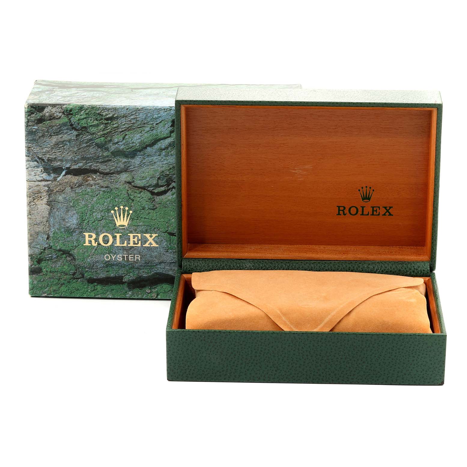 This image shows an open Rolex Datejust 16234 Men's Stainless Steel Silver Dial 16234 Men's Stainless Steel Silver Dial watch box with its green exterior and a padded interior cushion inside.