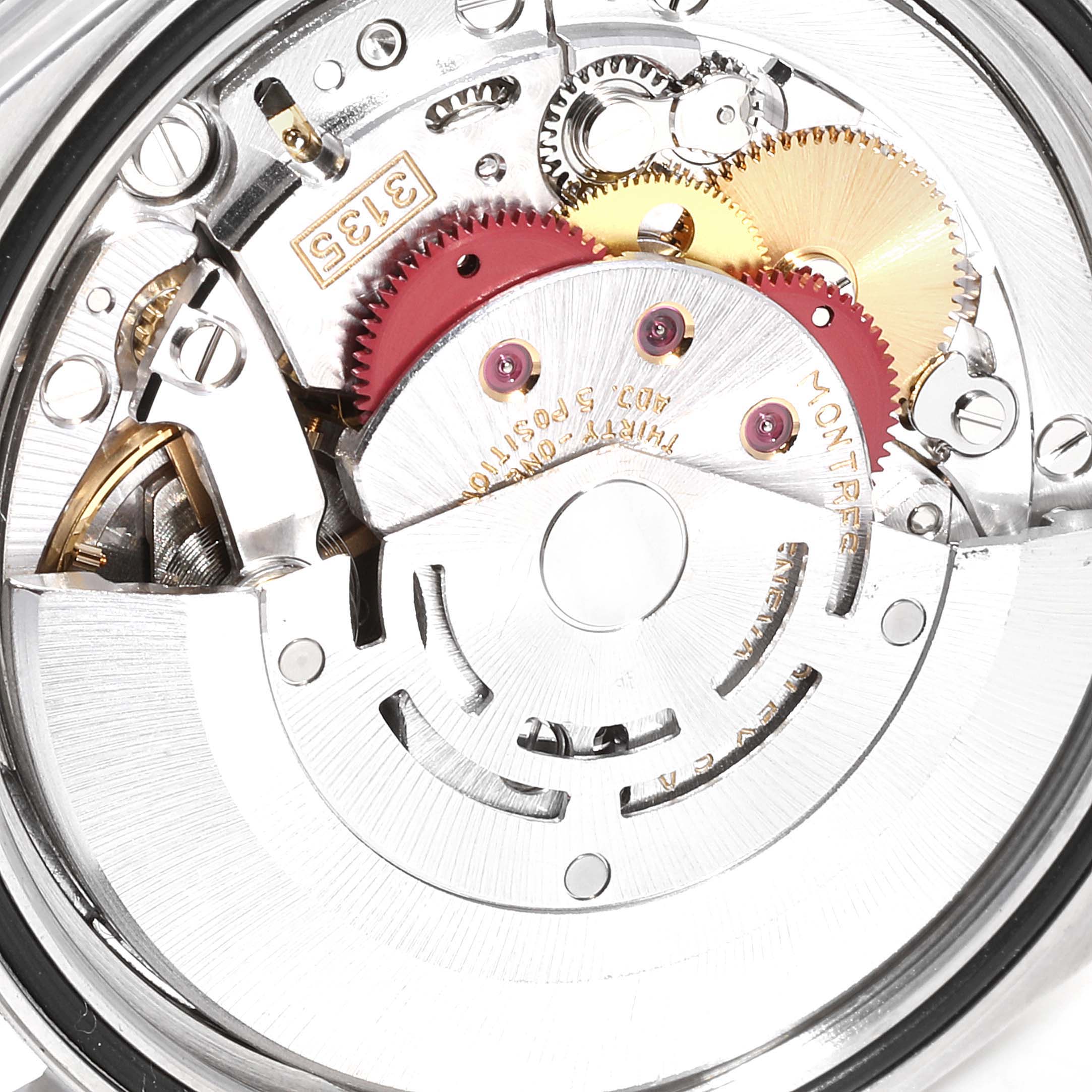 This image shows the internal mechanical movement of a Rolex Datejust 16234 Men's Stainless Steel Silver Dial 16234 Men's Stainless Steel Silver Dial model watch at a close-up angle.