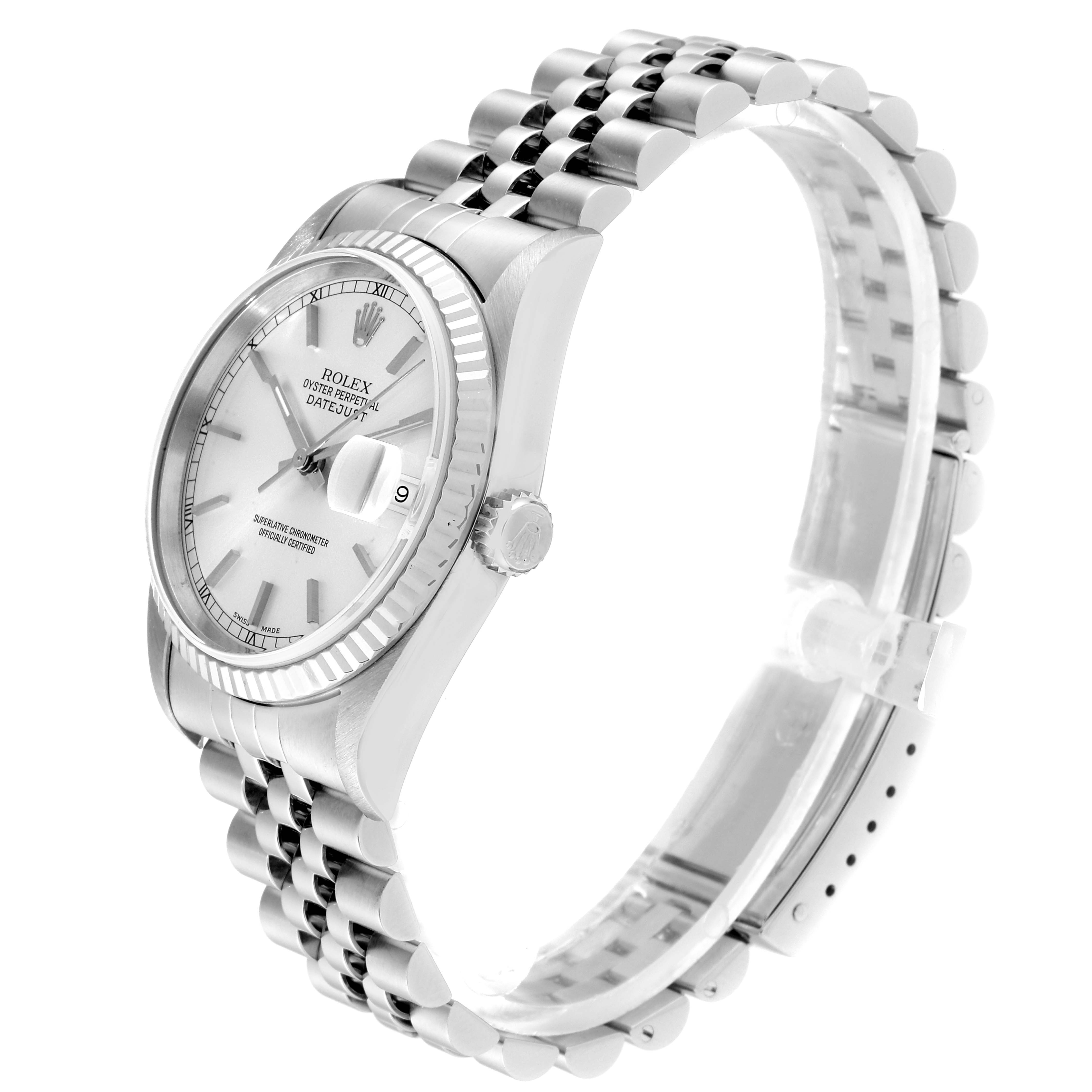 This image shows a Rolex Datejust 16234 Men's Stainless Steel Silver Dial 16234 Men's Stainless Steel Silver Dial watch at a side angle, highlighting its dial, bezel, crown, and Jubilee bracelet.