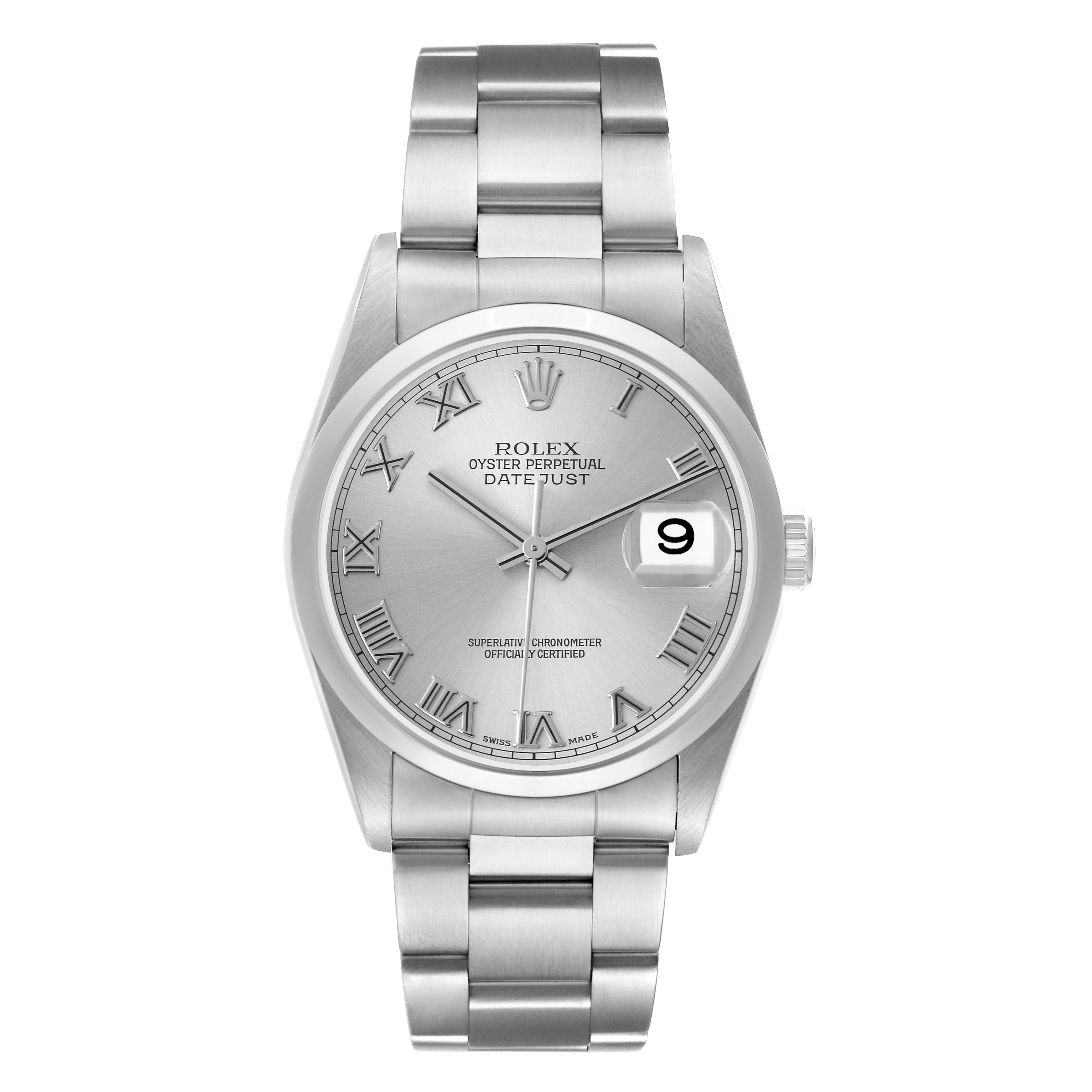 The Rolex Datejust model 16200 men's watch is shown from a front angle, highlighting its silver dial, Roman numerals, and stainless steel bracelet.