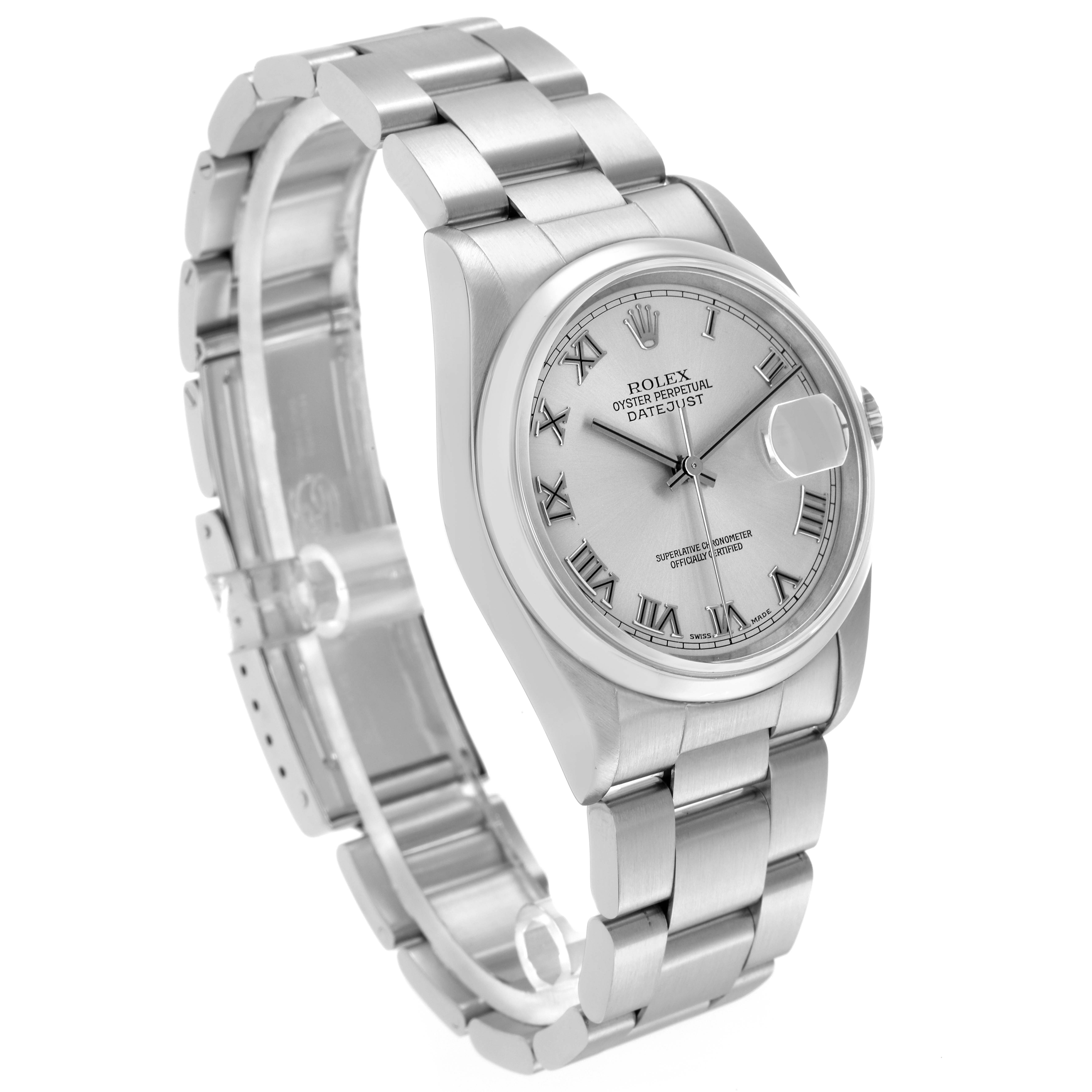The Rolex Datejust model 16200 is shown at an angle displaying its face, bracelet, and side, highlighting the Roman numerals and cyclops lens over the date.