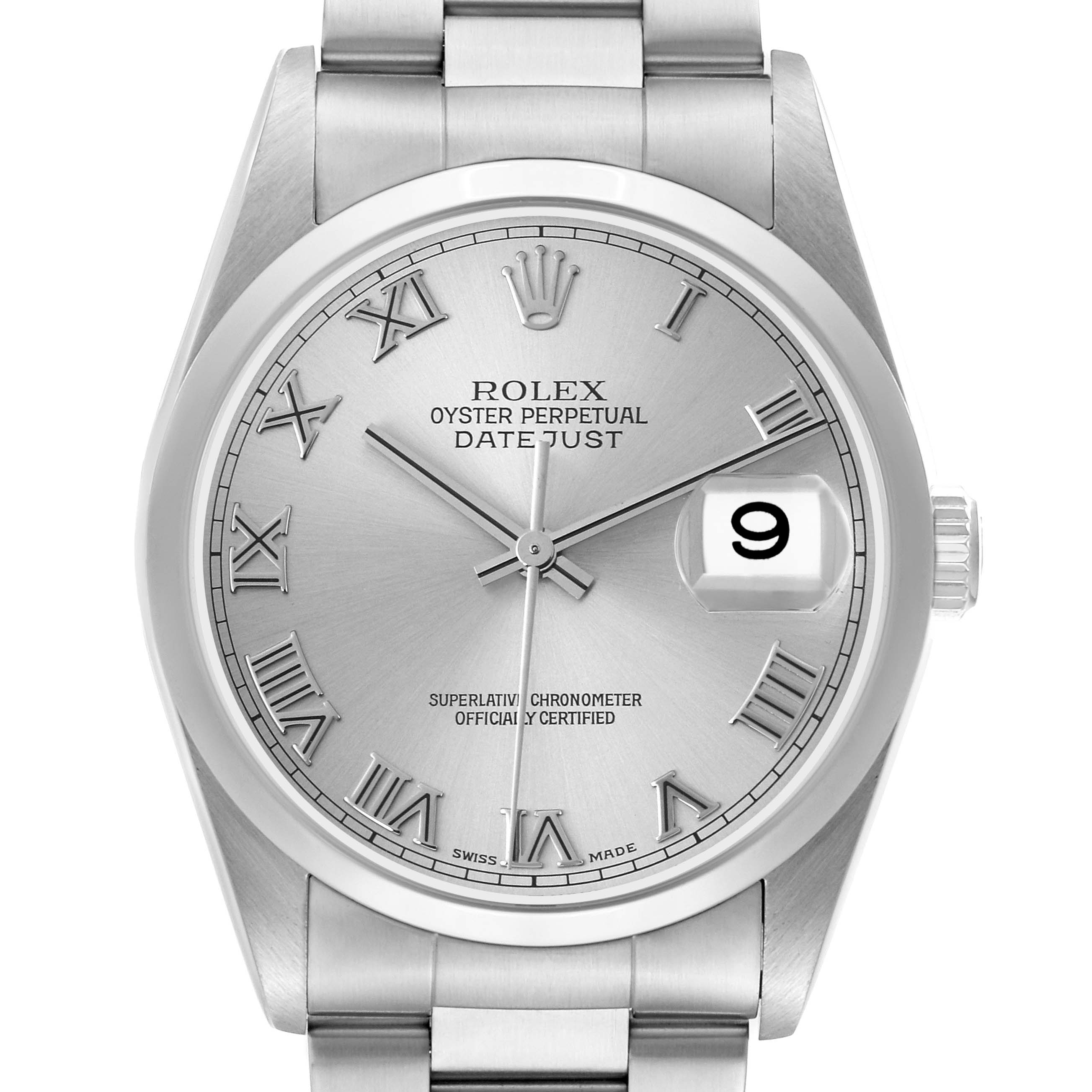 The image shows a Rolex Datejust model 16200 men's watch from a frontal angle, highlighting the silver dial, Roman numerals, date window, and stainless steel case.