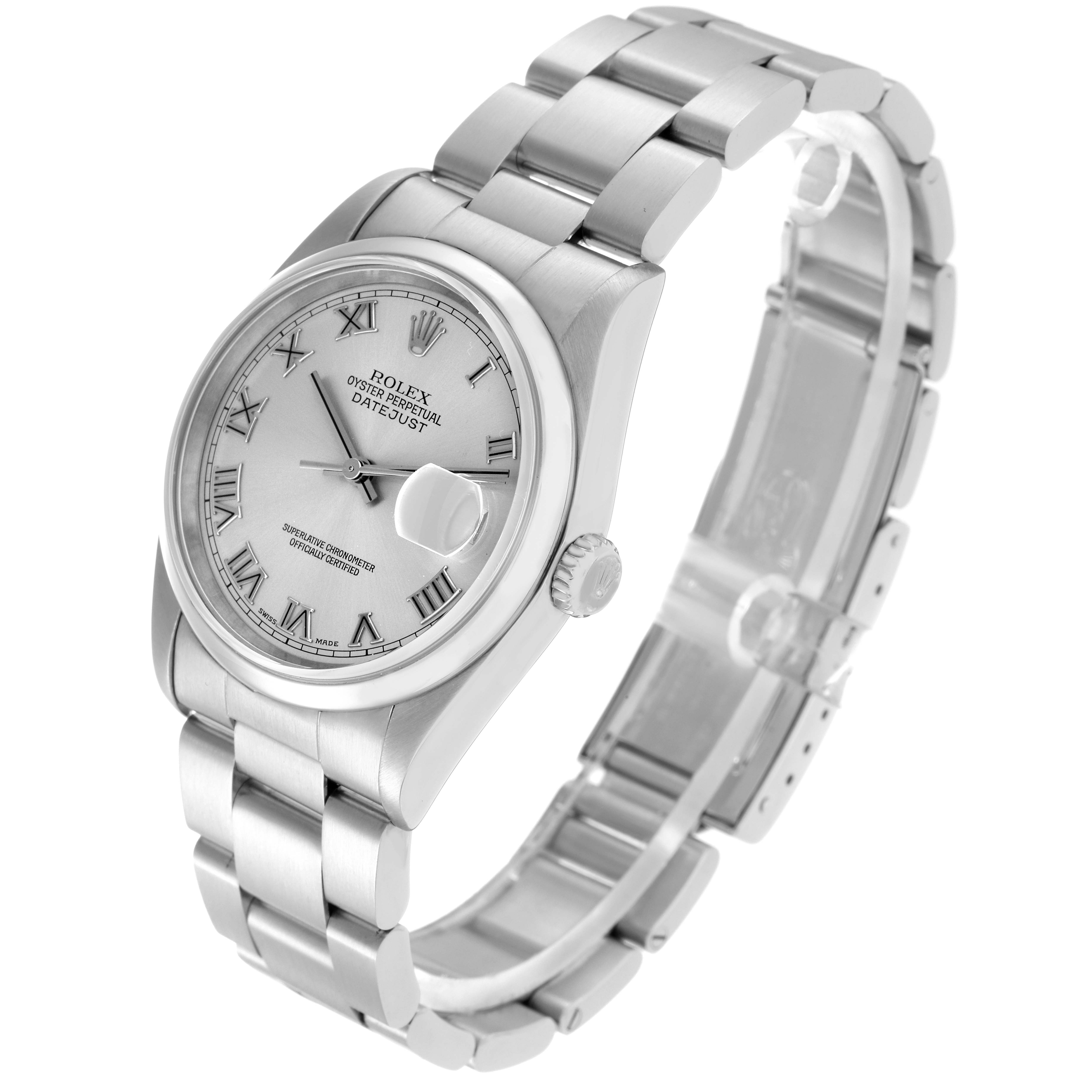 The Rolex Datejust model 16200 men's watch is shown at an angled view highlighting the face, bezel, crown, and bracelet.