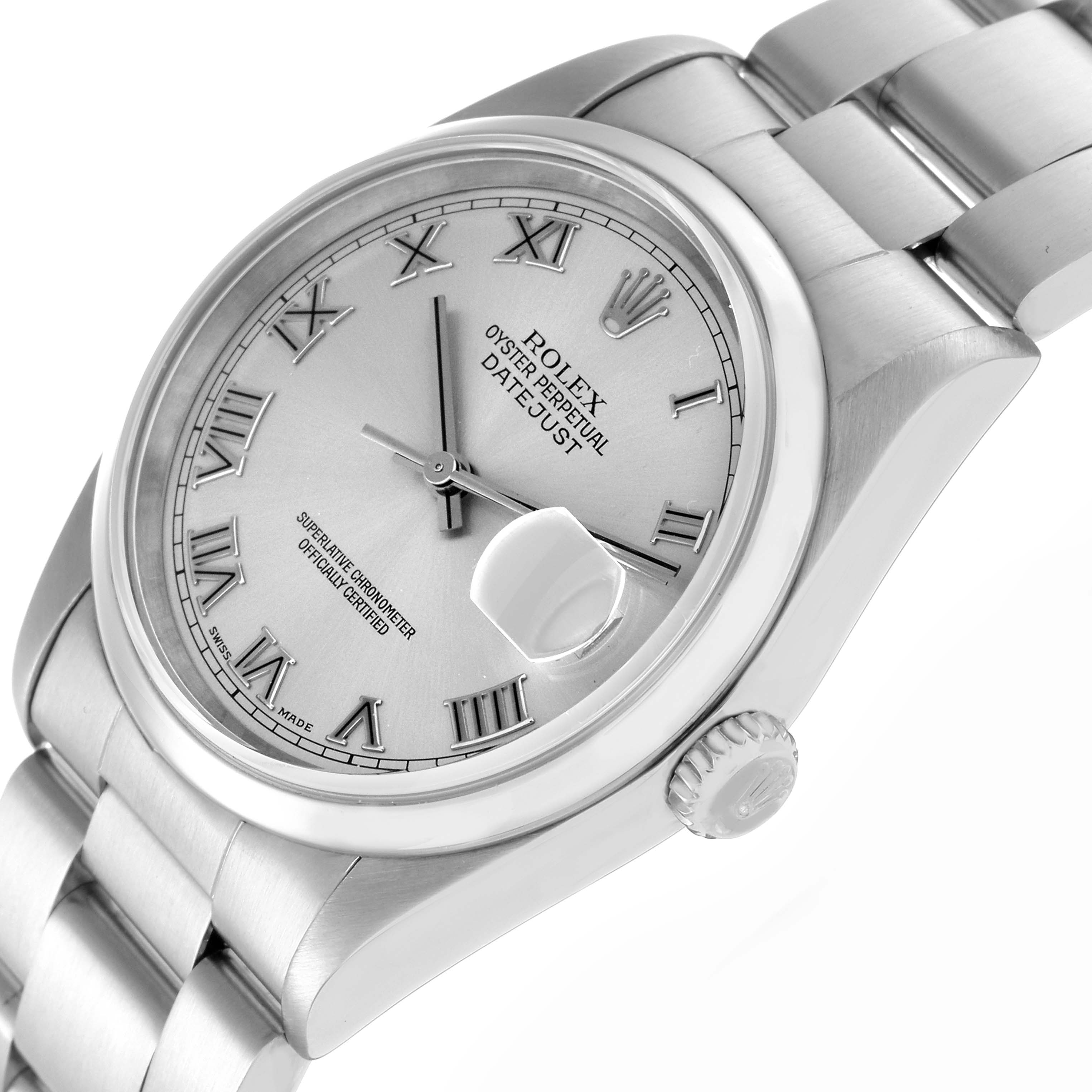 The Rolex Datejust model 16200 men's watch is shown at an angled view, highlighting the watch face, Roman numeral markers, date window, case, crown, and bracelet.