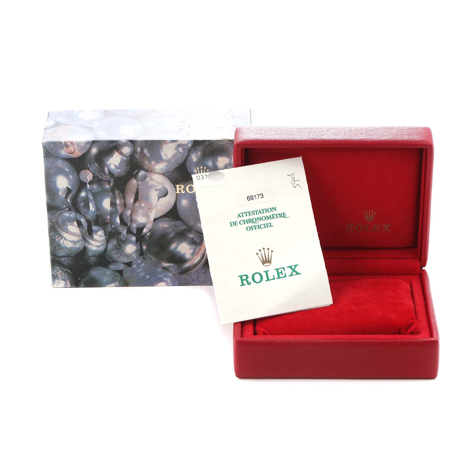 The image shows packaging and documentation for a Rolex Datejust men's watch, model number 69173, including a box and official certificate.