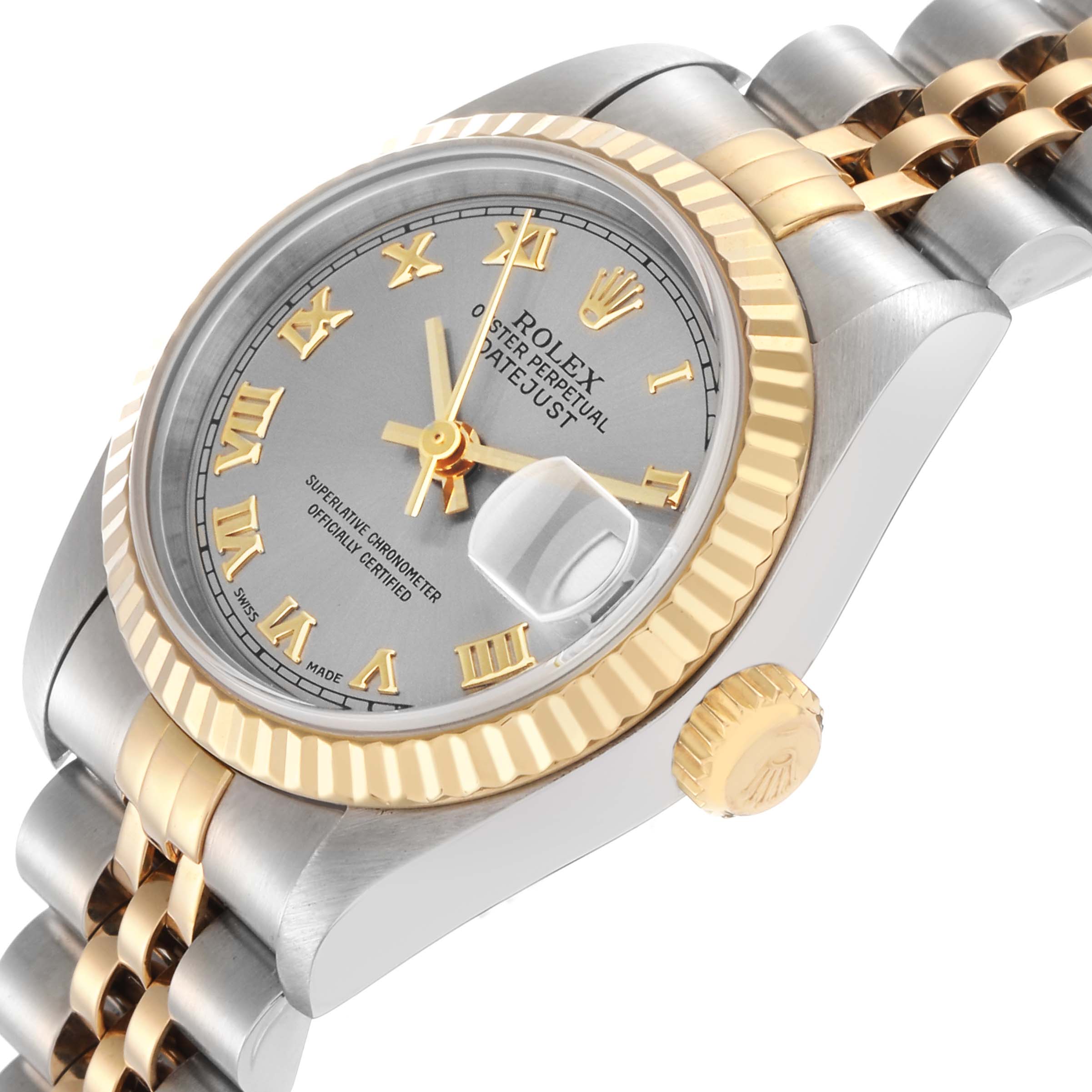 The image shows a Rolex Datejust model 69173 from a slight side view, highlighting the dial, fluted bezel, crown, and part of the two-tone bracelet.