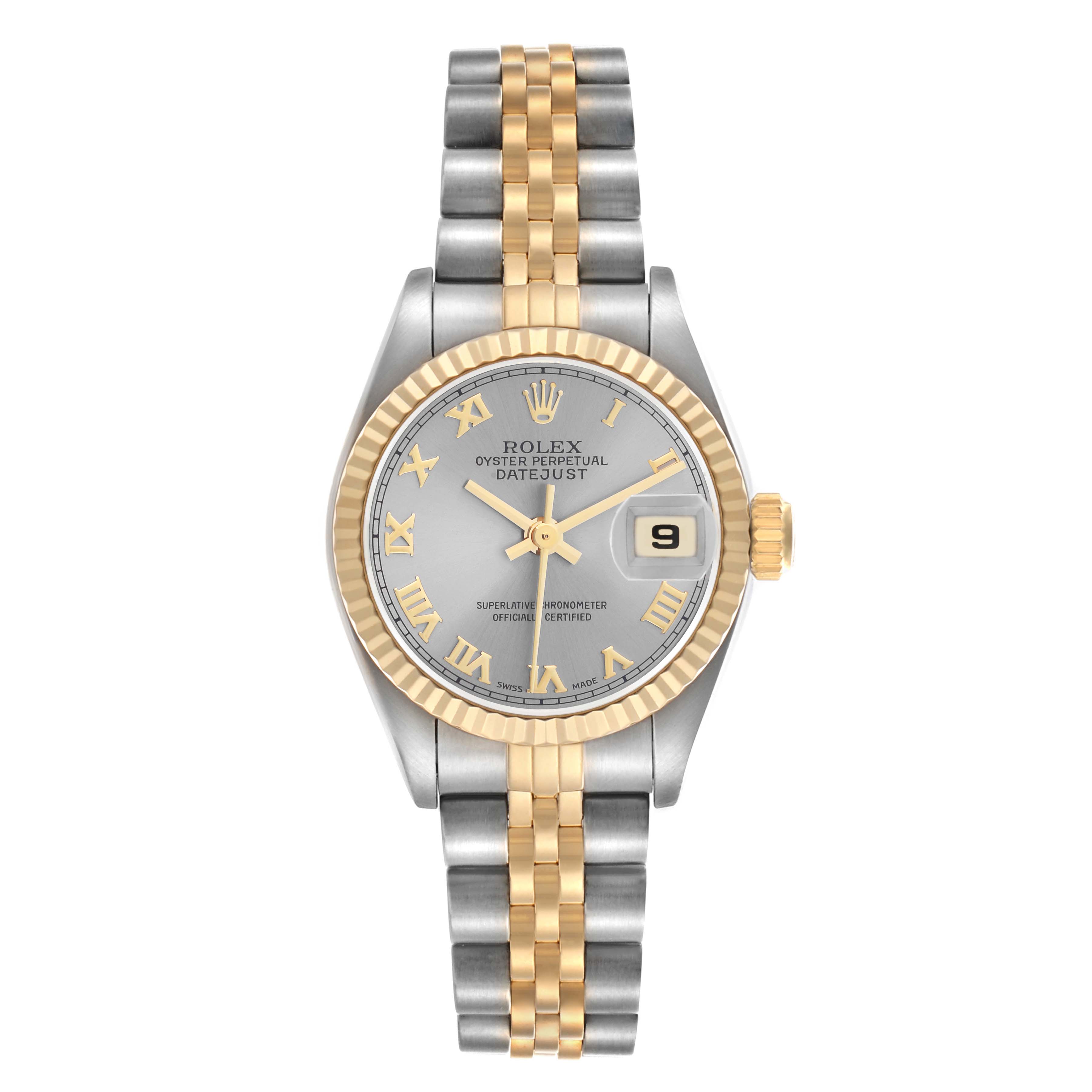 The Rolex Datejust model 69173 men's watch is shown from a top-down angle, displaying the dial, two-tone bezel, and bracelet clearly.