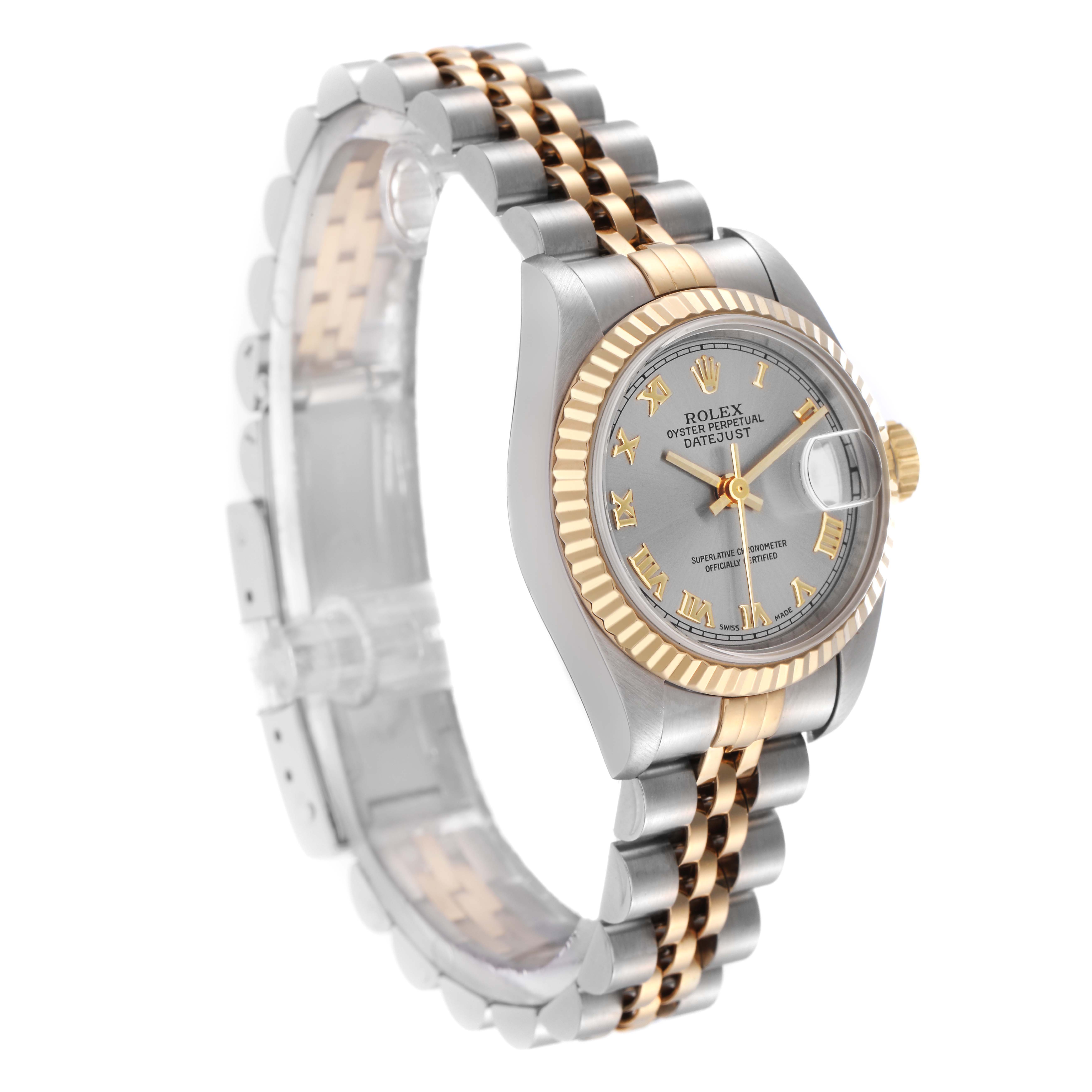 The Rolex Datejust model 69173 Men's watch is shown at a three-quarter angle, highlighting the dial, bezel, case, and Jubilee bracelet.