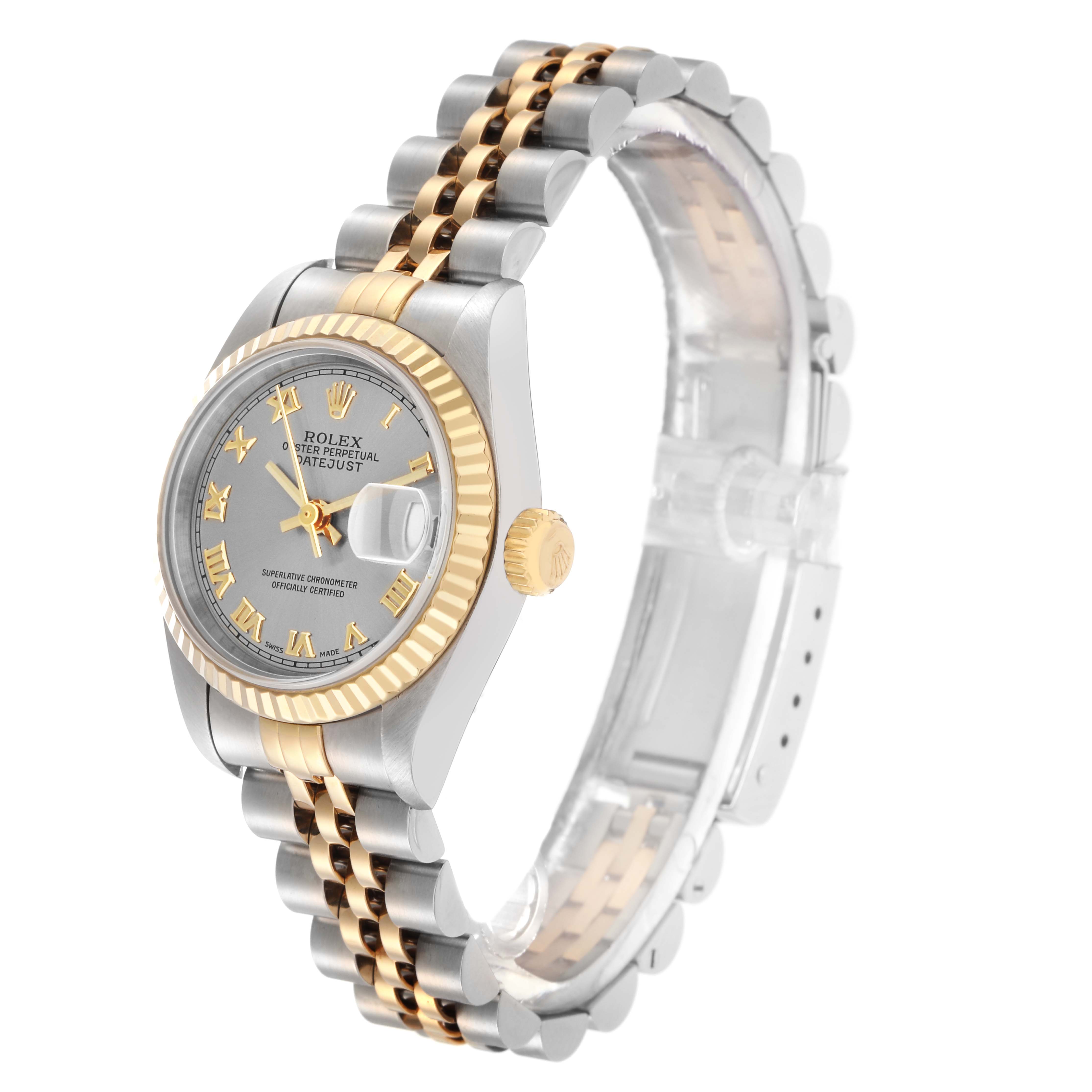 The Rolex Datejust model 69173 men's watch is shown at a slight angle, highlighting the face, gold bezel, crown, and part of the two-tone bracelet.