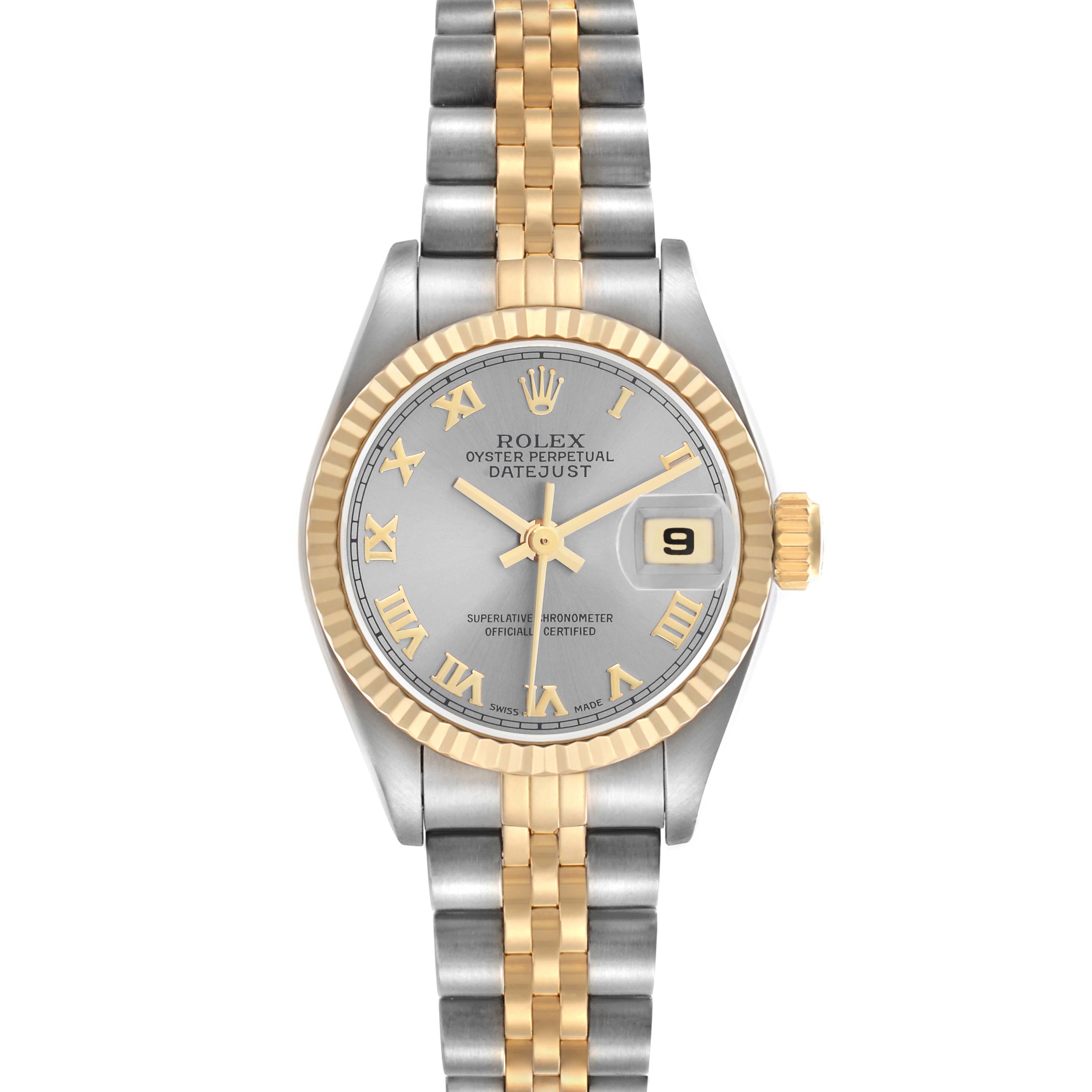 The Rolex Datejust model 69173 is shown from a top-down angle, displaying the bezel, dial, bracelet, and crown clearly.