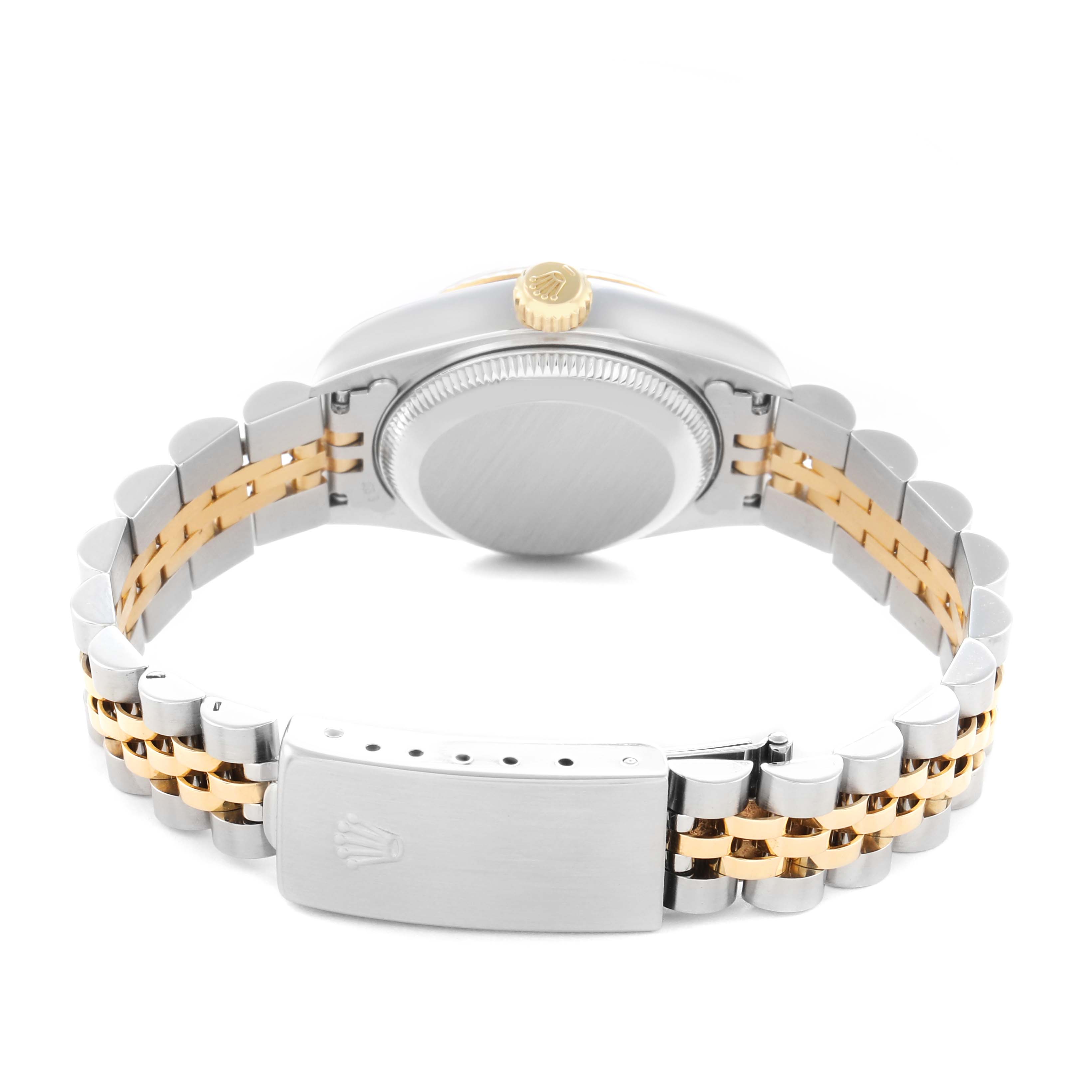 The image shows the back view of a Rolex Datejust model 69173 men's watch, highlighting the case back, crown, and two-tone Jubilee bracelet clasp.