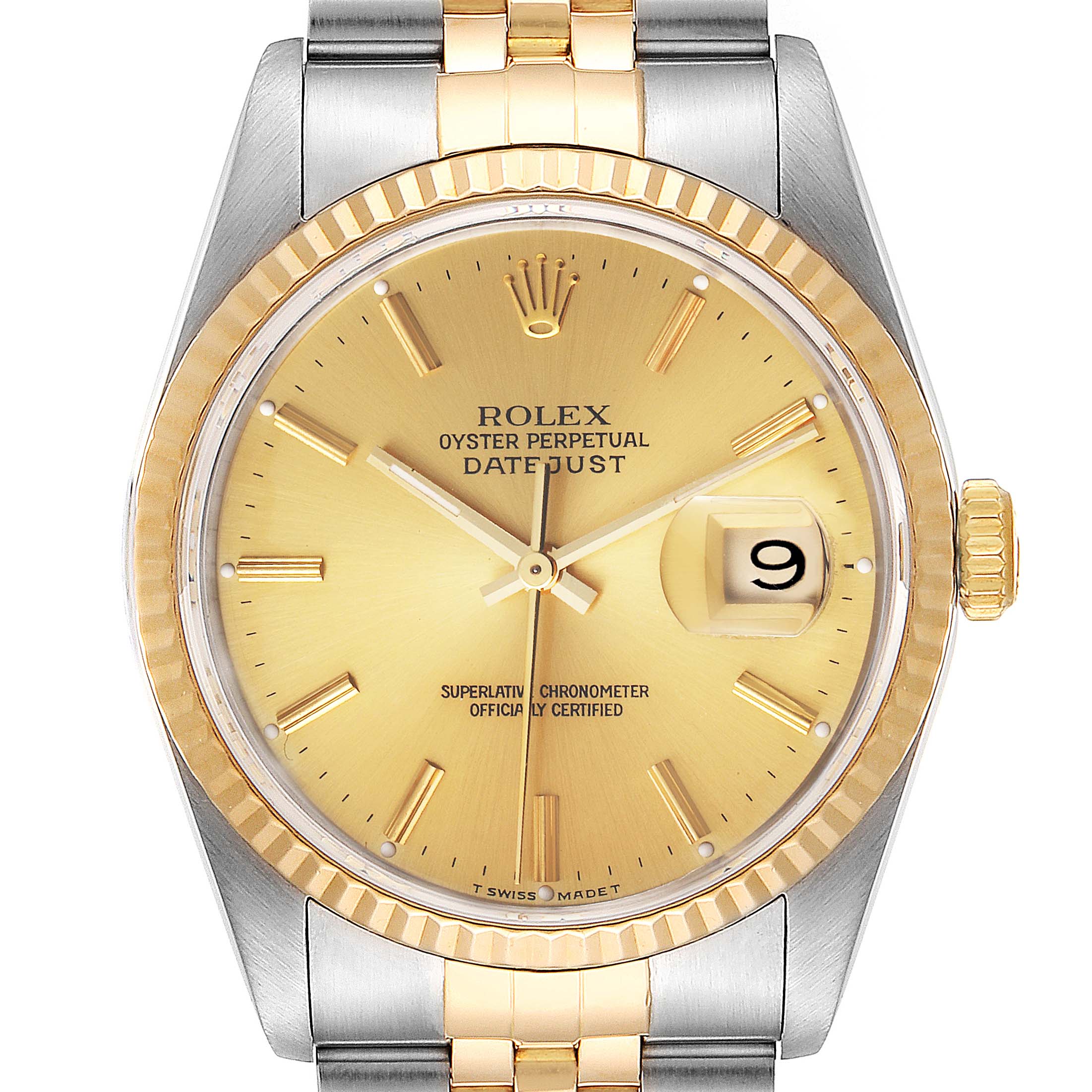 This image shows a front view of a Rolex Datejust 16233 Men's Steel and Gold (two tone) Champagne Dial 16233 Men's Steel and Gold (two tone) Champagne Dial watch, highlighting its face, bezel, and part of the bracelet.