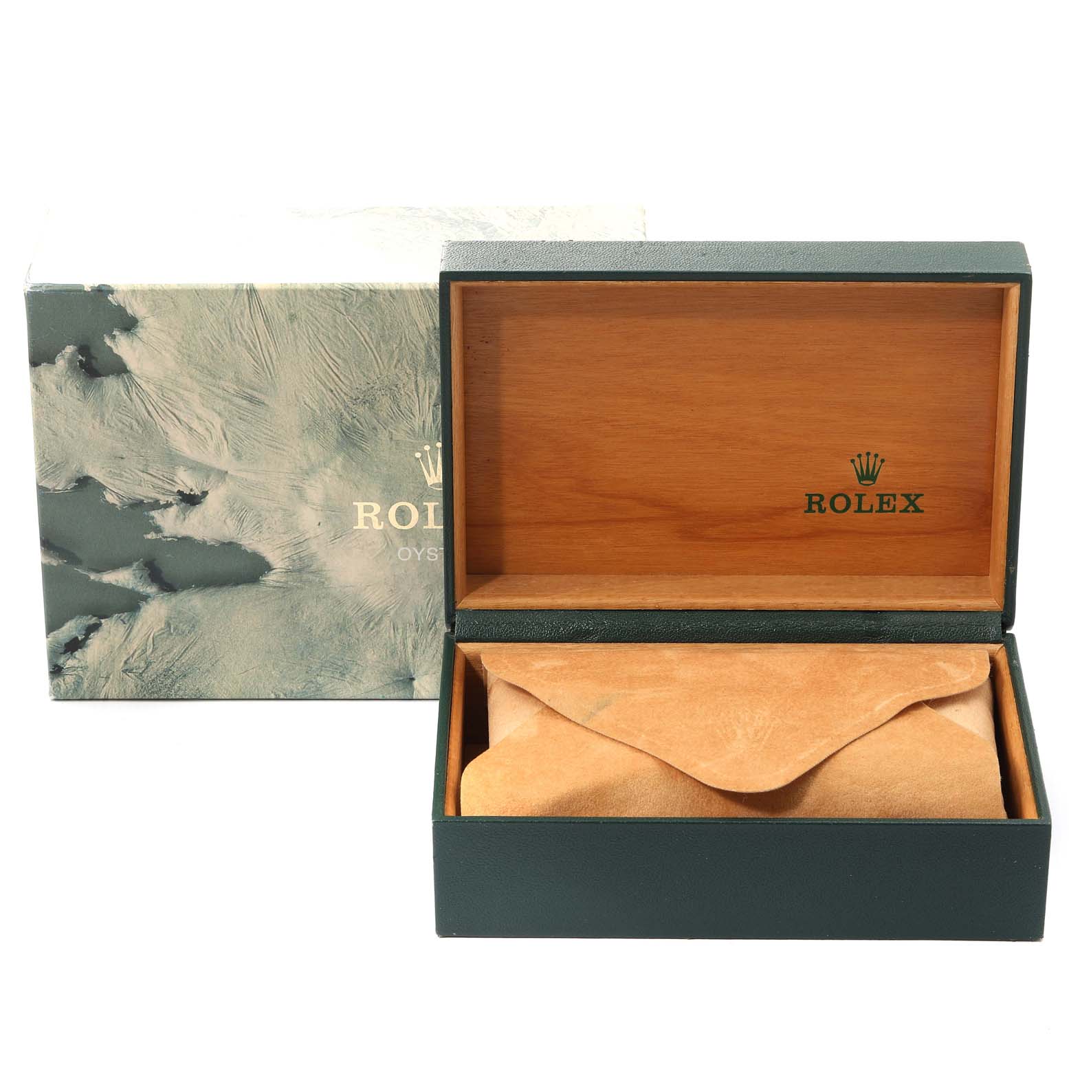 The image shows an empty Rolex Datejust 16233 Men's Steel and Gold (two tone) Champagne Dial 16233 Men's Steel and Gold (two tone) Champagne Dial watch box with the inner wooden and outer marbled protective packaging.