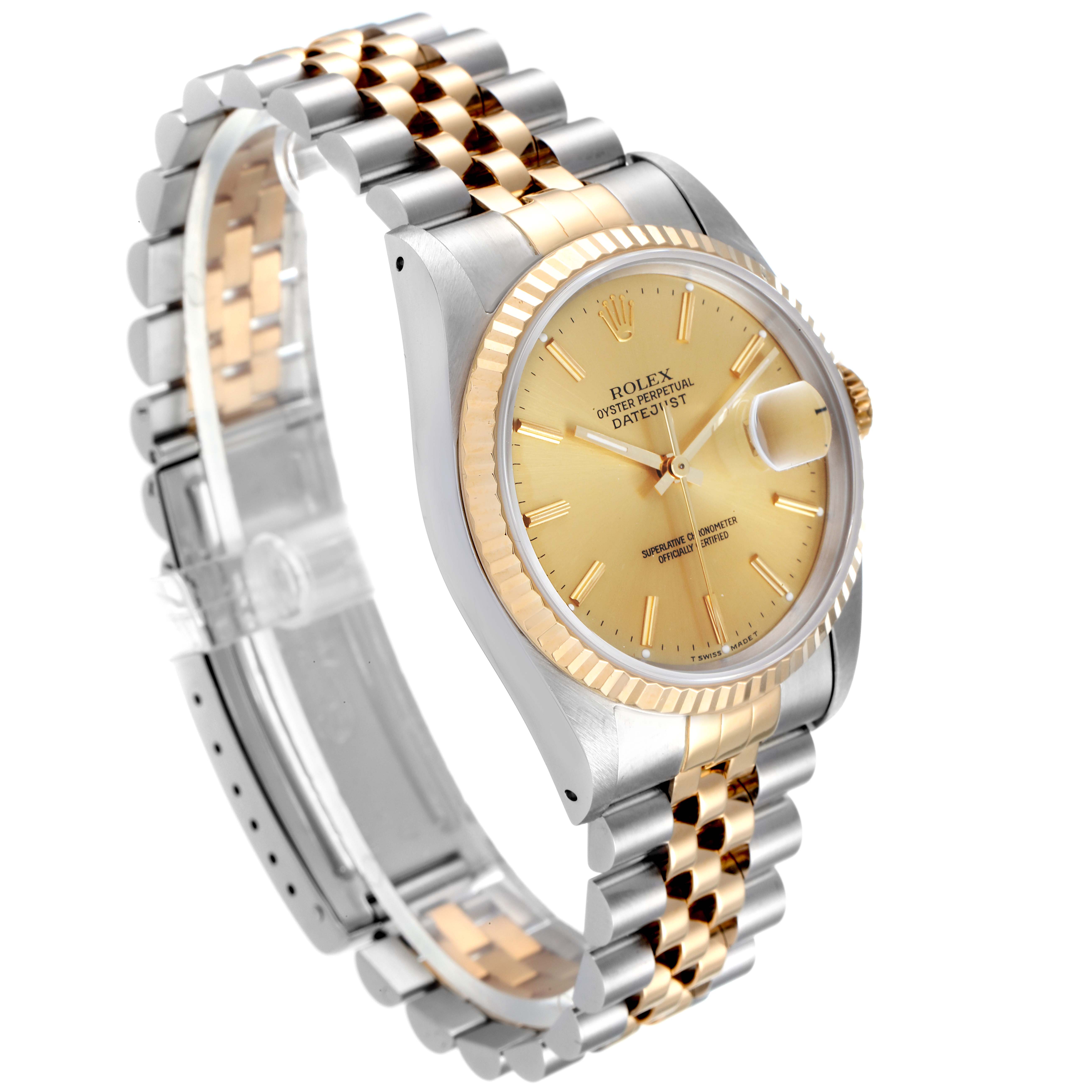The image shows a Rolex Datejust 16233 Men's Steel and Gold (two tone) Champagne Dial 16233 Men's Steel and Gold (two tone) Champagne Dial watch at a three-quarter angle, highlighting the bracelet, dial, bezel, and crown.