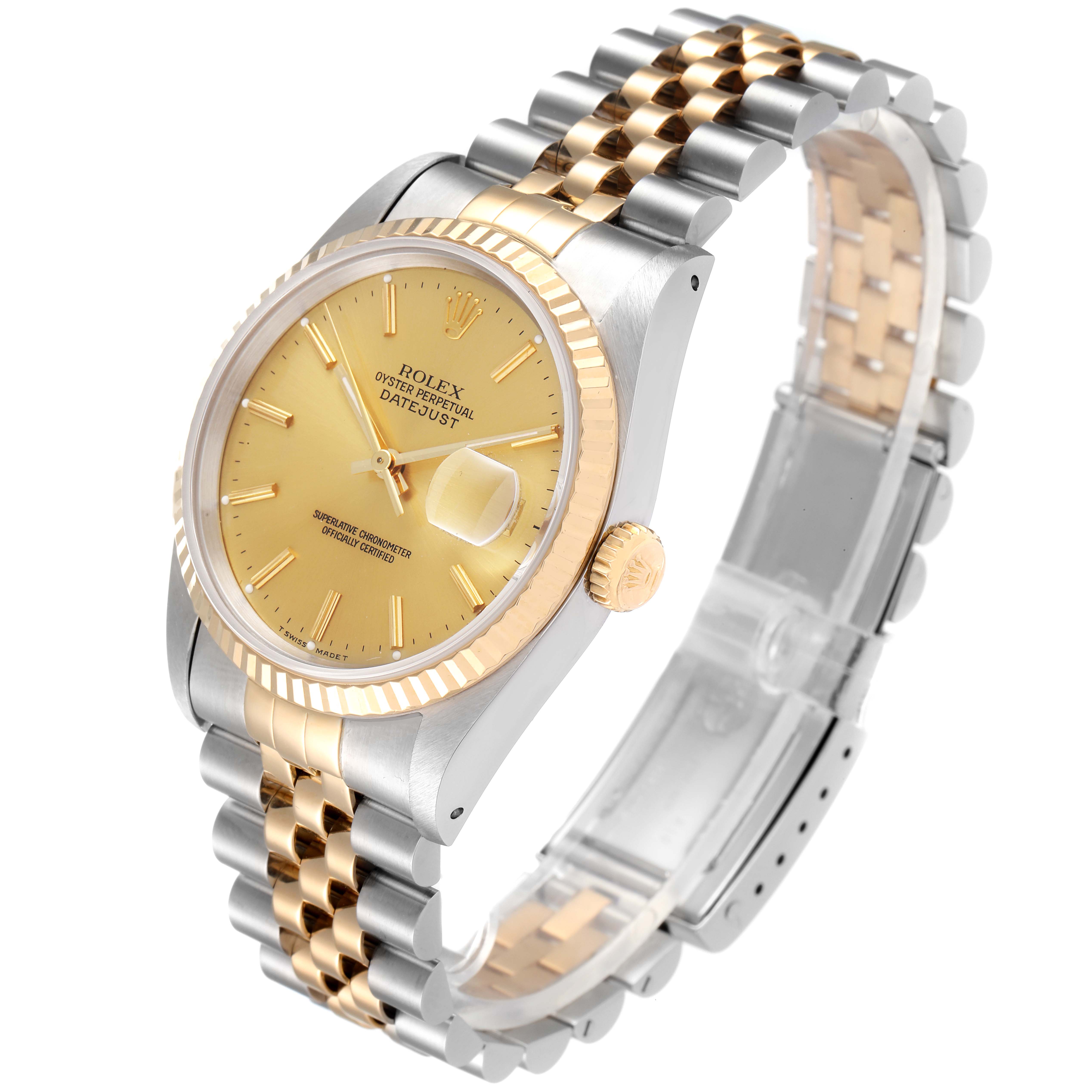 The Rolex Datejust 16233 Men's Steel and Gold (two tone) Champagne Dial 16233 Men's Steel and Gold (two tone) Champagne Dial watch is shown at a three-quarter angle displaying its dial, crown, and two-tone bracelet.