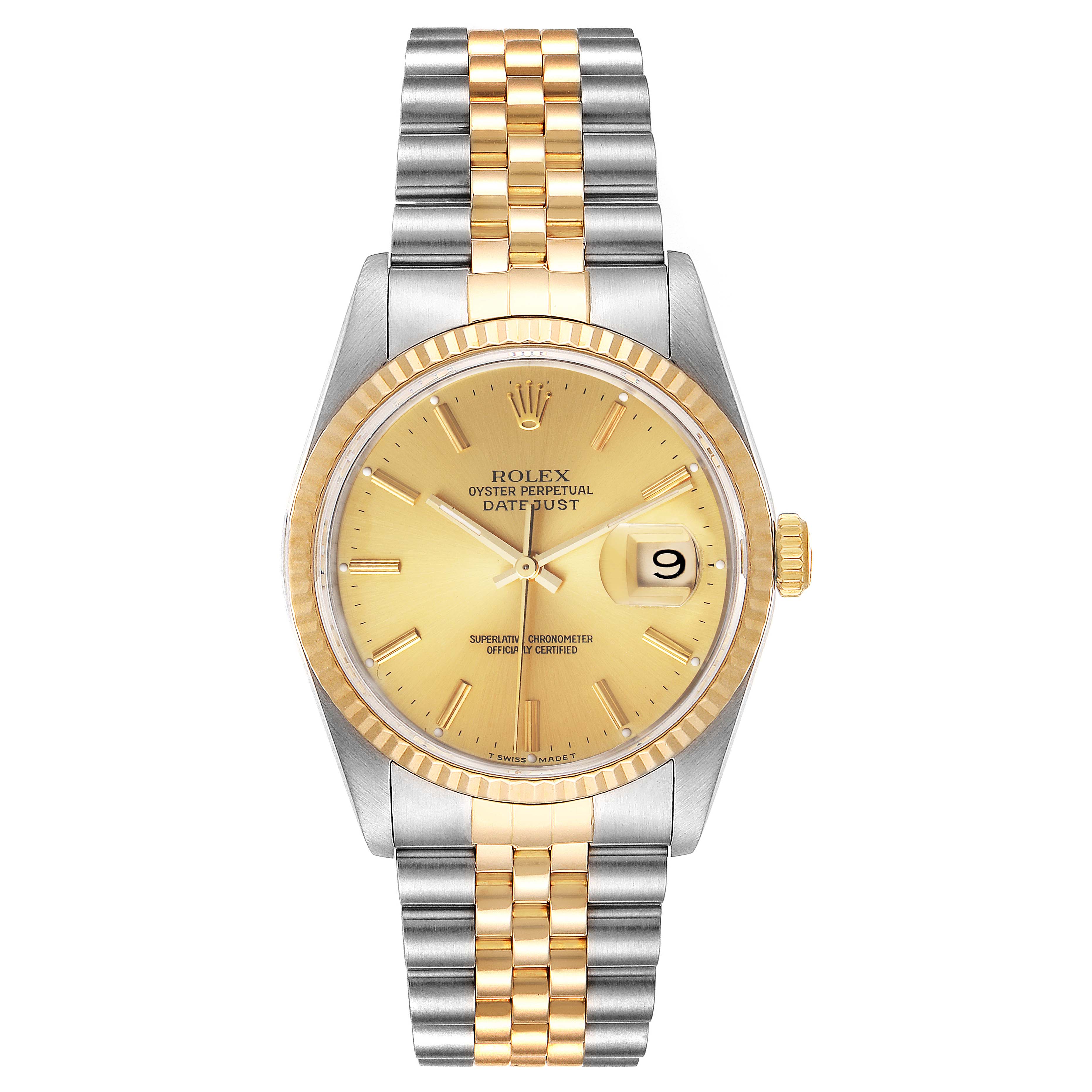 This Rolex Datejust 16233 Men's Steel and Gold (two tone) Champagne Dial 16233 Men's Steel and Gold (two tone) Champagne Dial watch is shown from a direct front angle, highlighting its dial, bezel, case, and Jubilee bracelet.