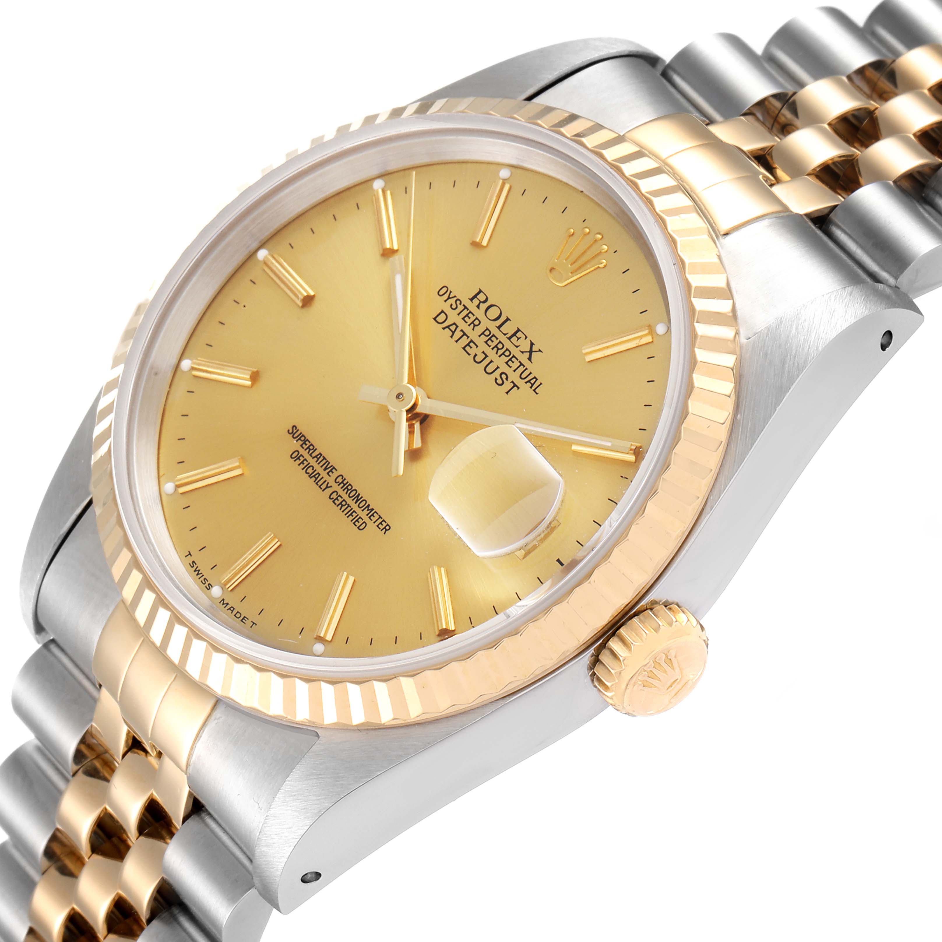 The image shows a close-up angled left view of the Rolex Datejust 16233 Men's Steel and Gold (two tone) Champagne Dial 16233 Men's Steel and Gold (two tone) Champagne Dial watch, highlighting the dial, bezel, crown, and part of the bracelet.
