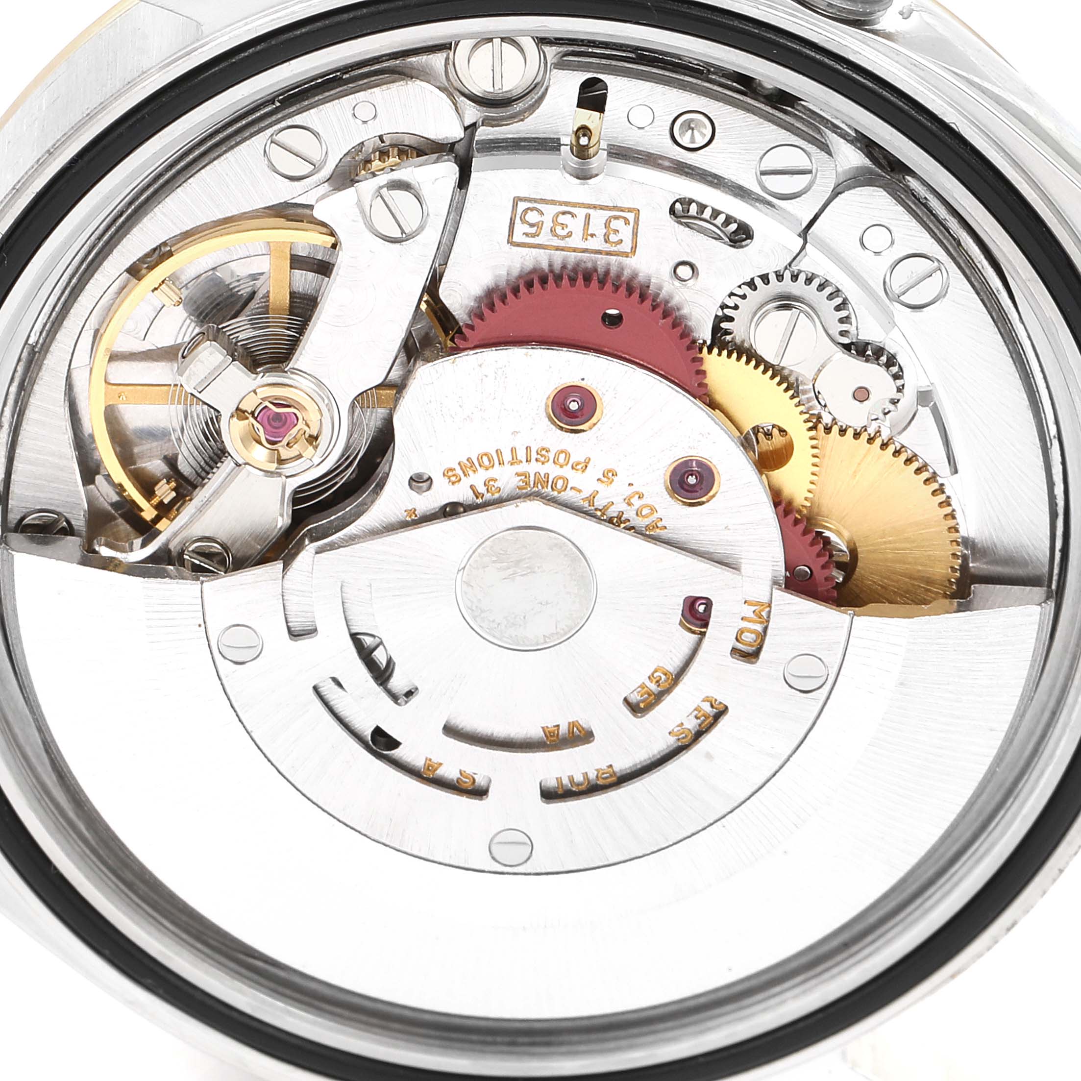 This image shows the internal movement mechanism of a Rolex Datejust 16233 Men's Steel and Gold (two tone) Champagne Dial 16233 Men's Steel and Gold (two tone) Champagne Dial watch from a top-down angle.
