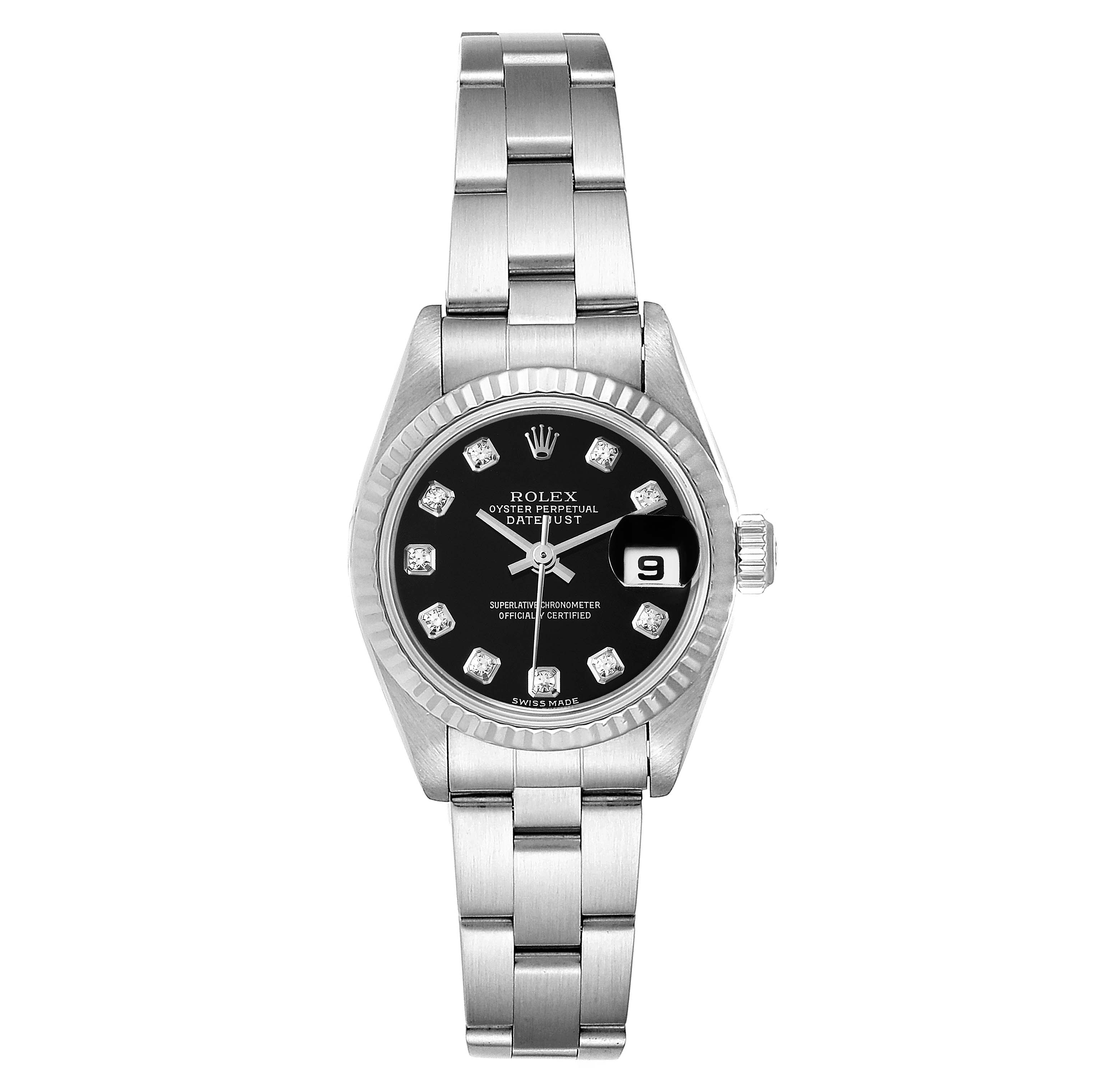 This image shows a Rolex Datejust 79174 Women
s Stainless Steel Black Dial 79174 Women
s Stainless Steel Black Dial watch from a straight-on angle, highlighting the dial, bezel, bracelet, and date magnifier.