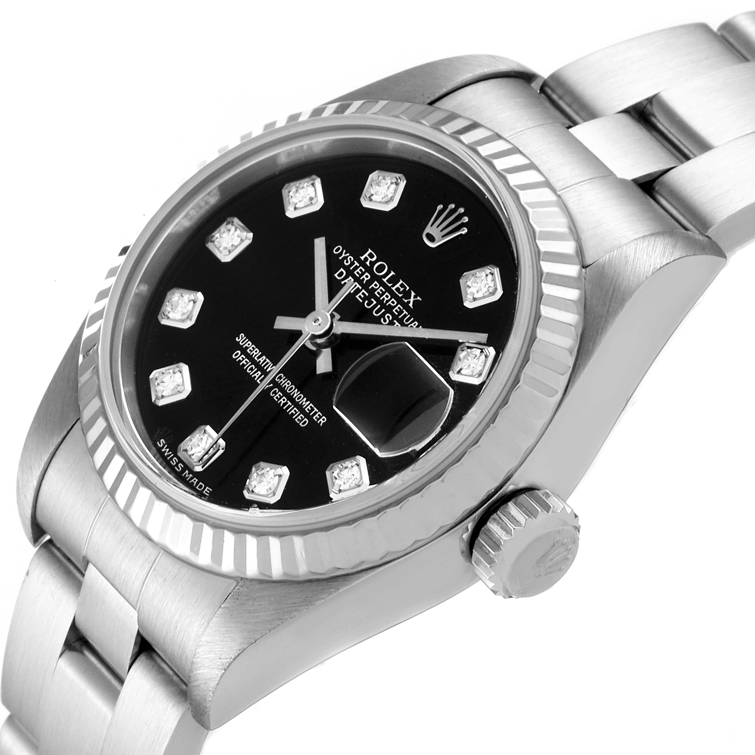 This image shows a Rolex Datejust 79174 Women
s Stainless Steel Black Dial 79174 Women
s Stainless Steel Black Dial model watch angled to display the face, bezel, crown, and part of the bracelet.