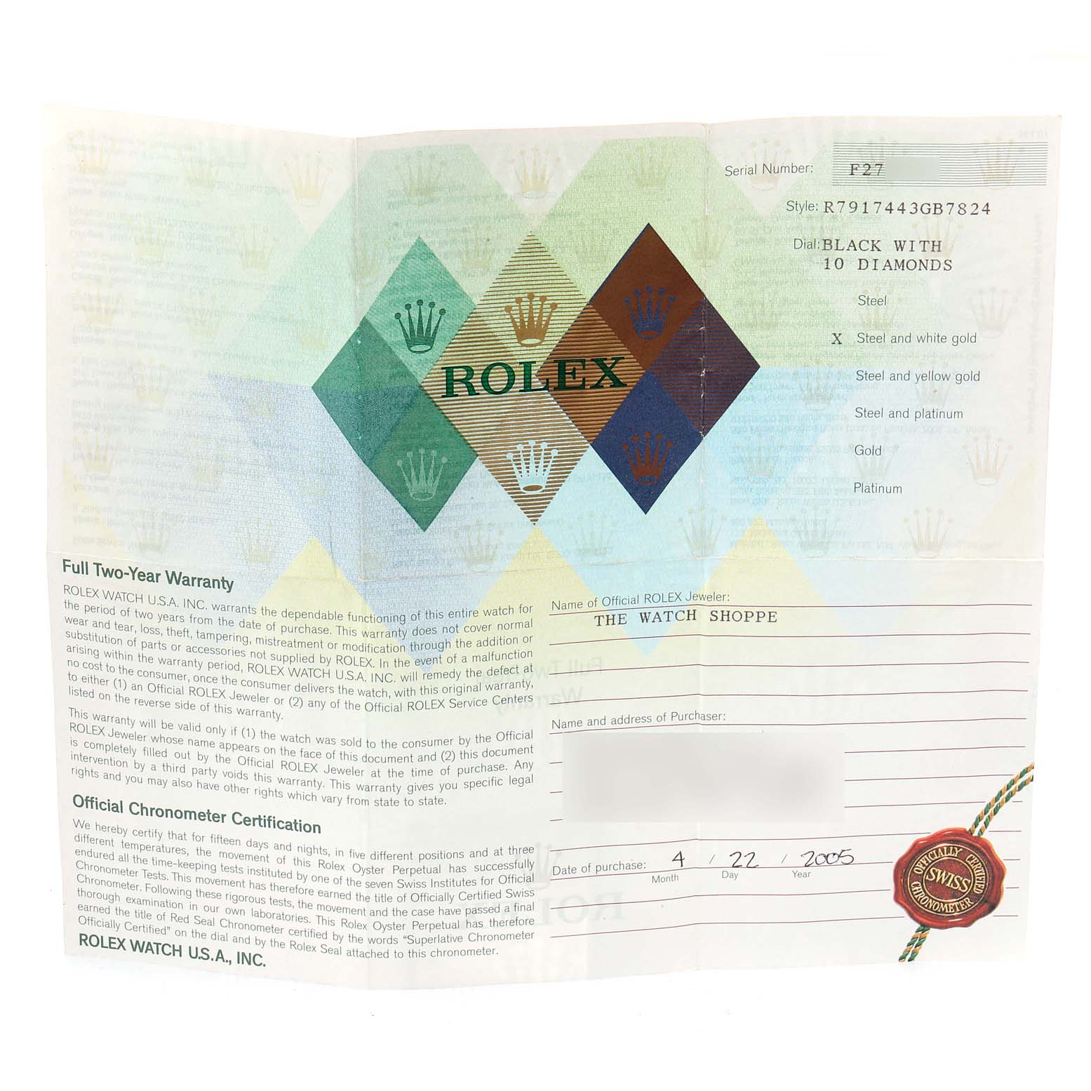 The image shows the warranty and certification card for a Rolex Datejust 79174 Women
s Stainless Steel Black Dial 79174 Women
s Stainless Steel Black Dial watch.