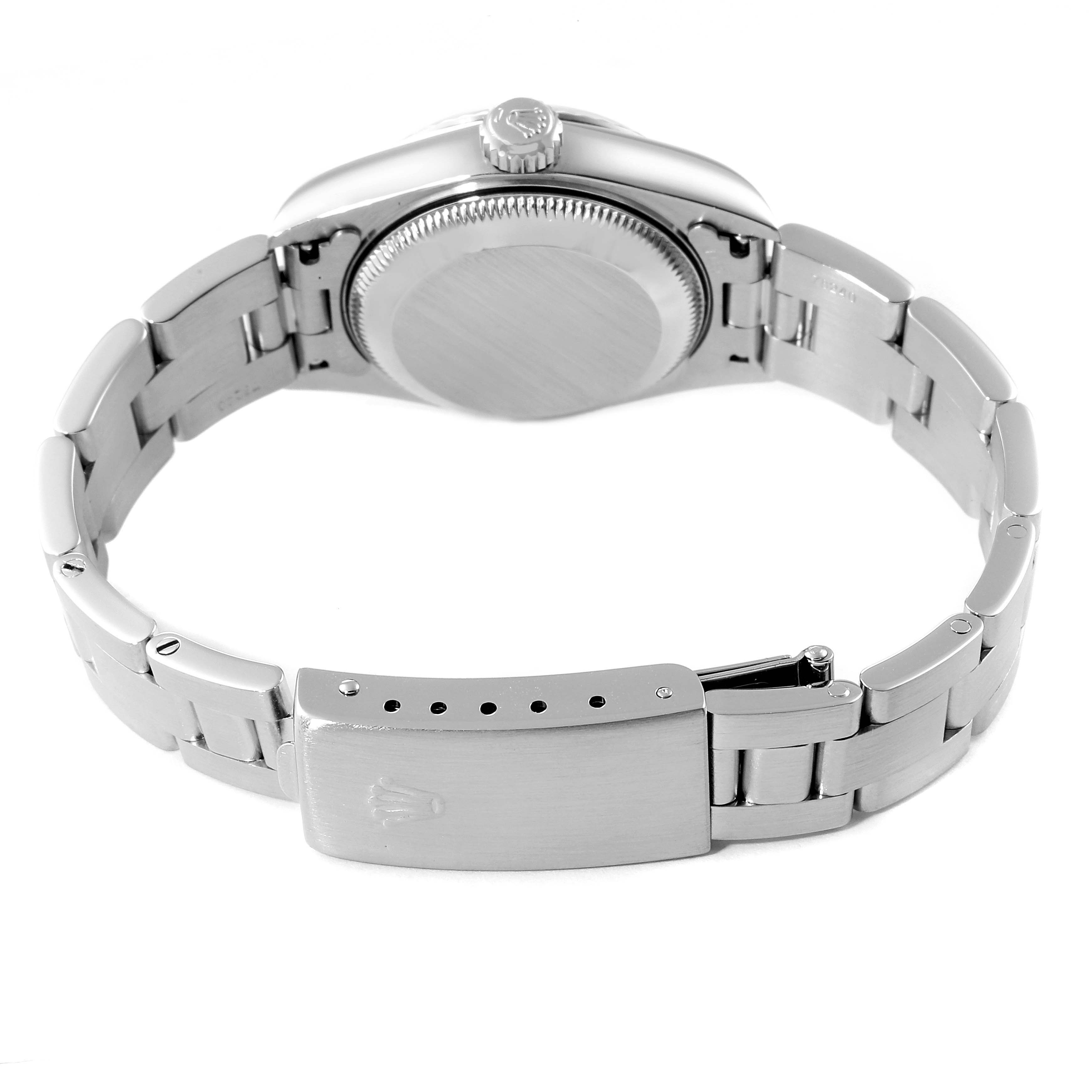 This image shows the back case and bracelet of a Rolex Datejust 79174 Women
s Stainless Steel Black Dial 79174 Women
s Stainless Steel Black Dial.