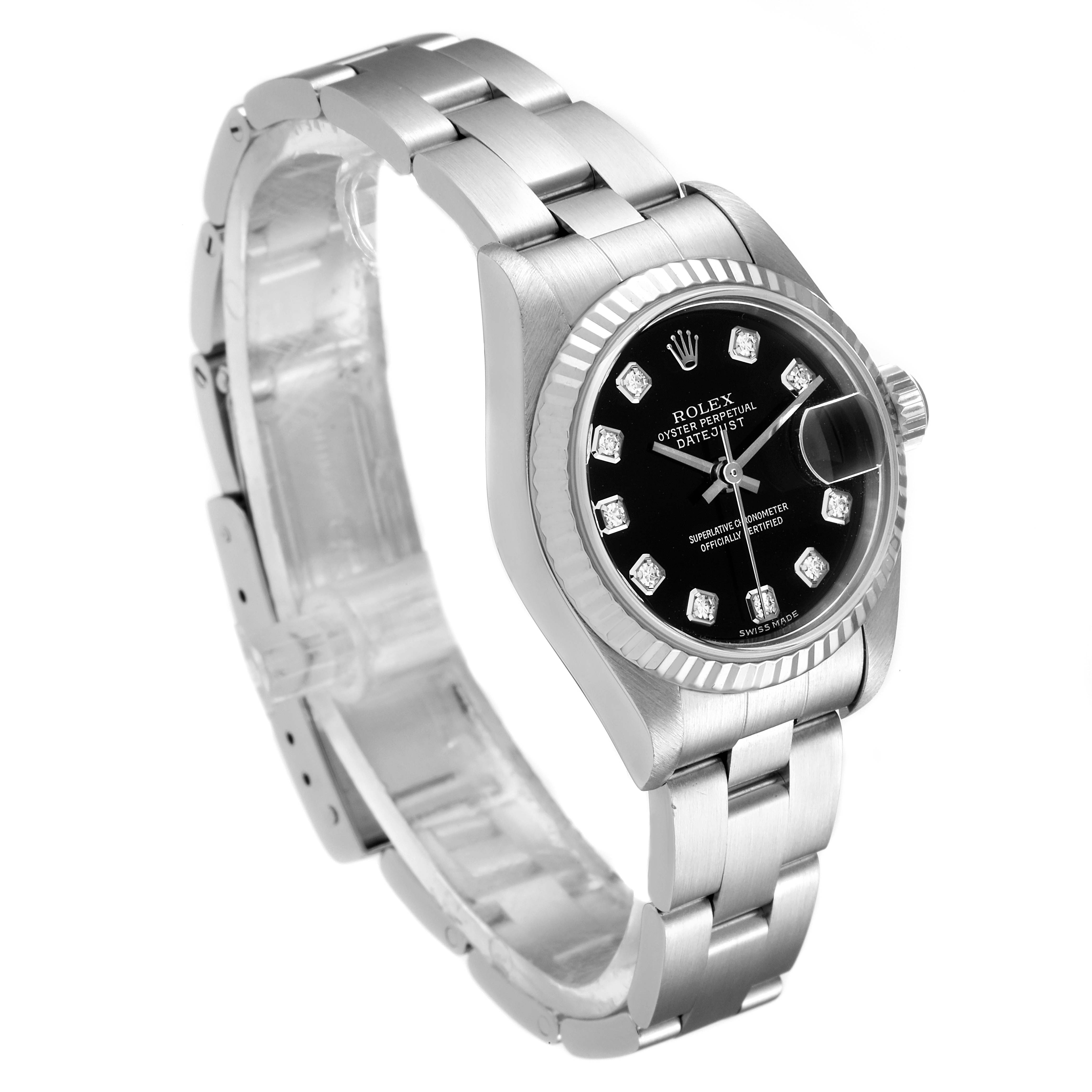 The image shows a Rolex Datejust 79174 Women
s Stainless Steel Black Dial 79174 Women
s Stainless Steel Black Dial watch from a three-quarter angle, displaying the dial, bezel, case, and bracelet.