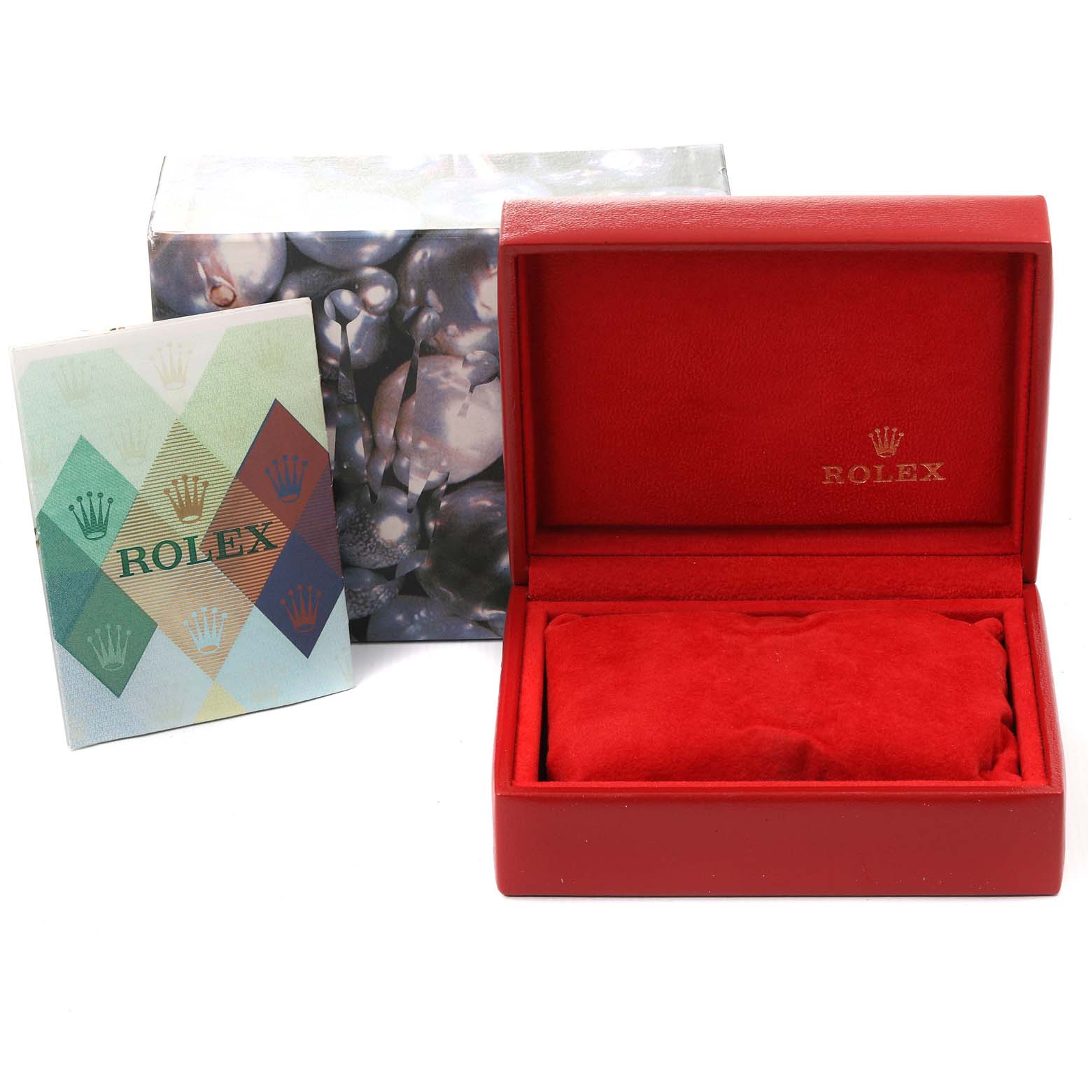 The image shows a red Rolex Datejust 79174 Women
s Stainless Steel Black Dial 79174 Women
s Stainless Steel Black Dial watch box, outer box, and the accompanying booklet, all from a frontal angle.