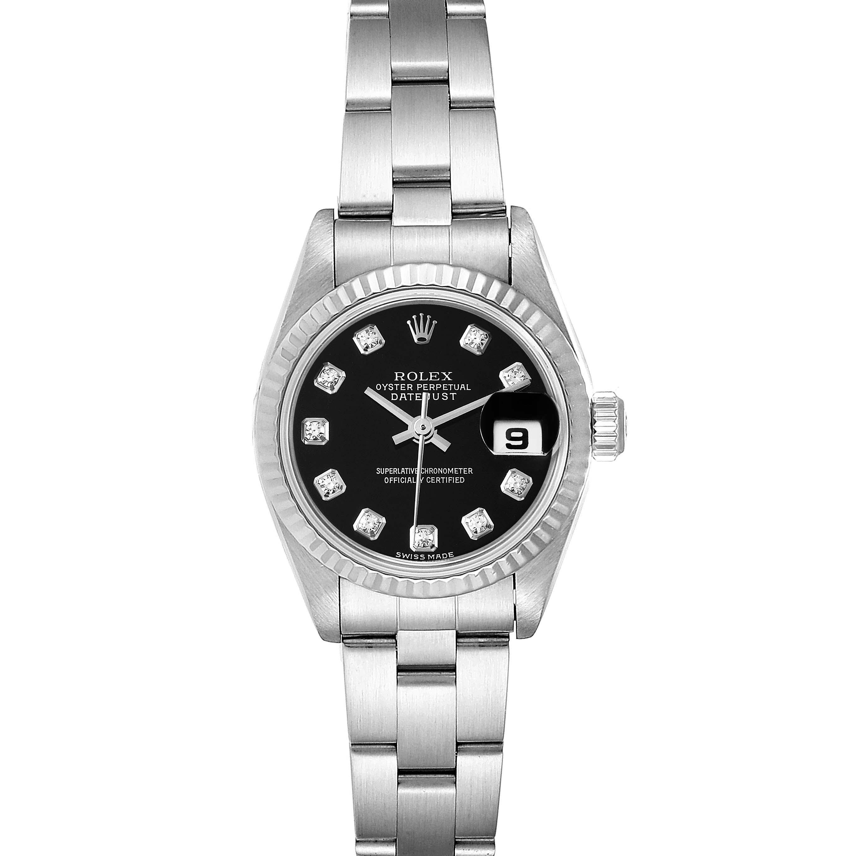 This image shows a front view of the Rolex Datejust 79174 Women
s Stainless Steel Black Dial 79174 Women
s Stainless Steel Black Dial watch, highlighting its face, bezel, and bracelet.