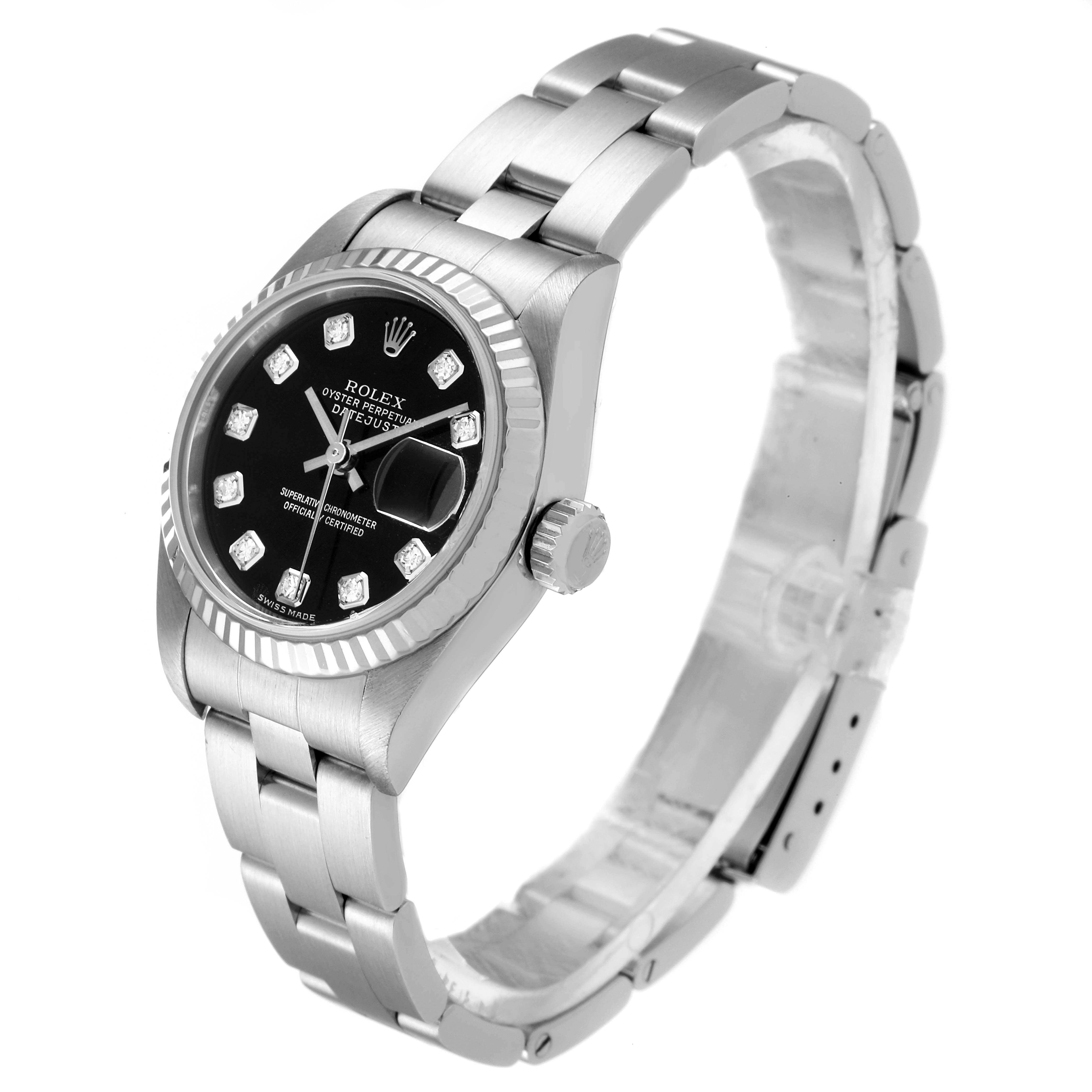 The Rolex Datejust 79174 Women
s Stainless Steel Black Dial 79174 Women
s Stainless Steel Black Dial watch is shown at a three-quarter angle, featuring its black dial, diamond hour markers, and stainless steel bracelet.