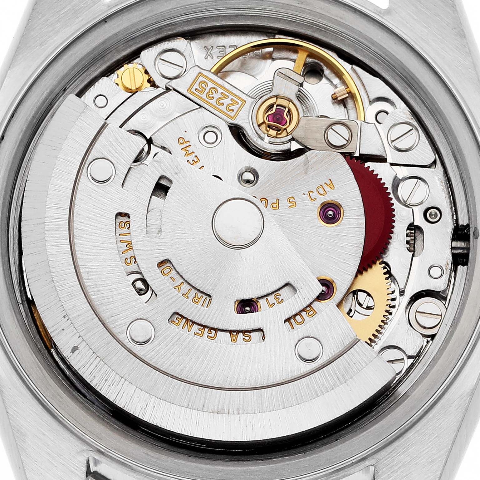 This image shows a close-up view of the movement and internal mechanism of a Rolex Datejust 79174 Women's Stainless Steel White Dial 79174 Women's Stainless Steel White Dial watch, showcasing its intricate parts.