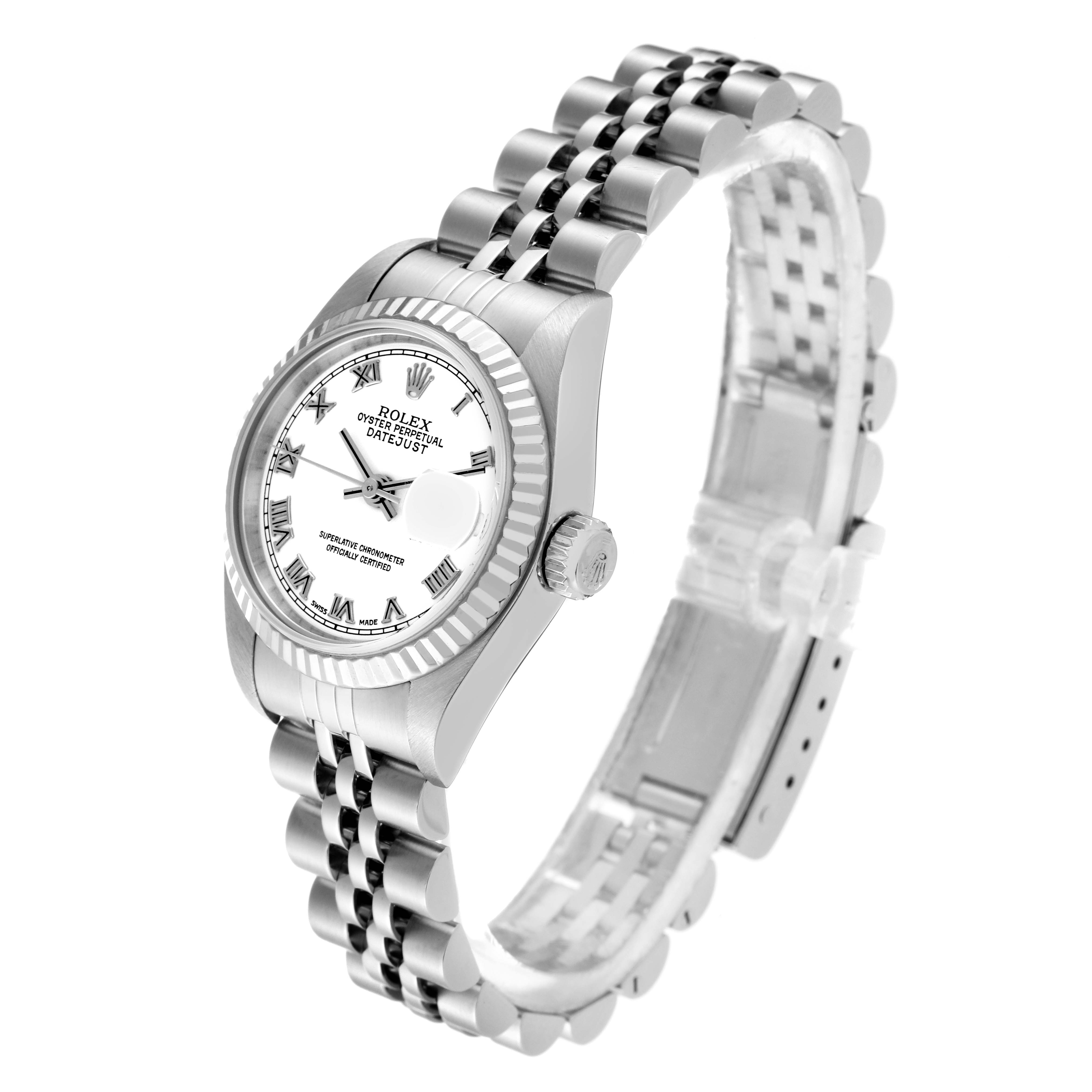 This image shows a Rolex Datejust 79174 Women's Stainless Steel White Dial 79174 Women's Stainless Steel White Dial watch at a three-quarter angle, highlighting the case, bezel, crown, dial, and bracelet.