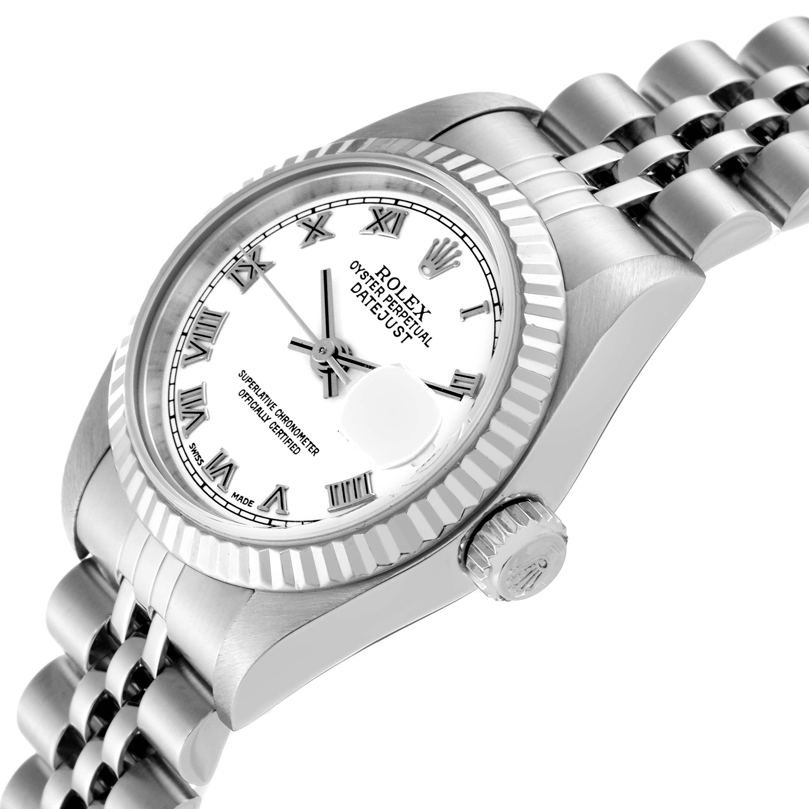 The image shows a close-up, angled view of a Rolex Datejust 79174 Women's Stainless Steel White Dial 79174 Women's Stainless Steel White Dial watch focusing on the dial, bezel, crown, and part of the bracelet.