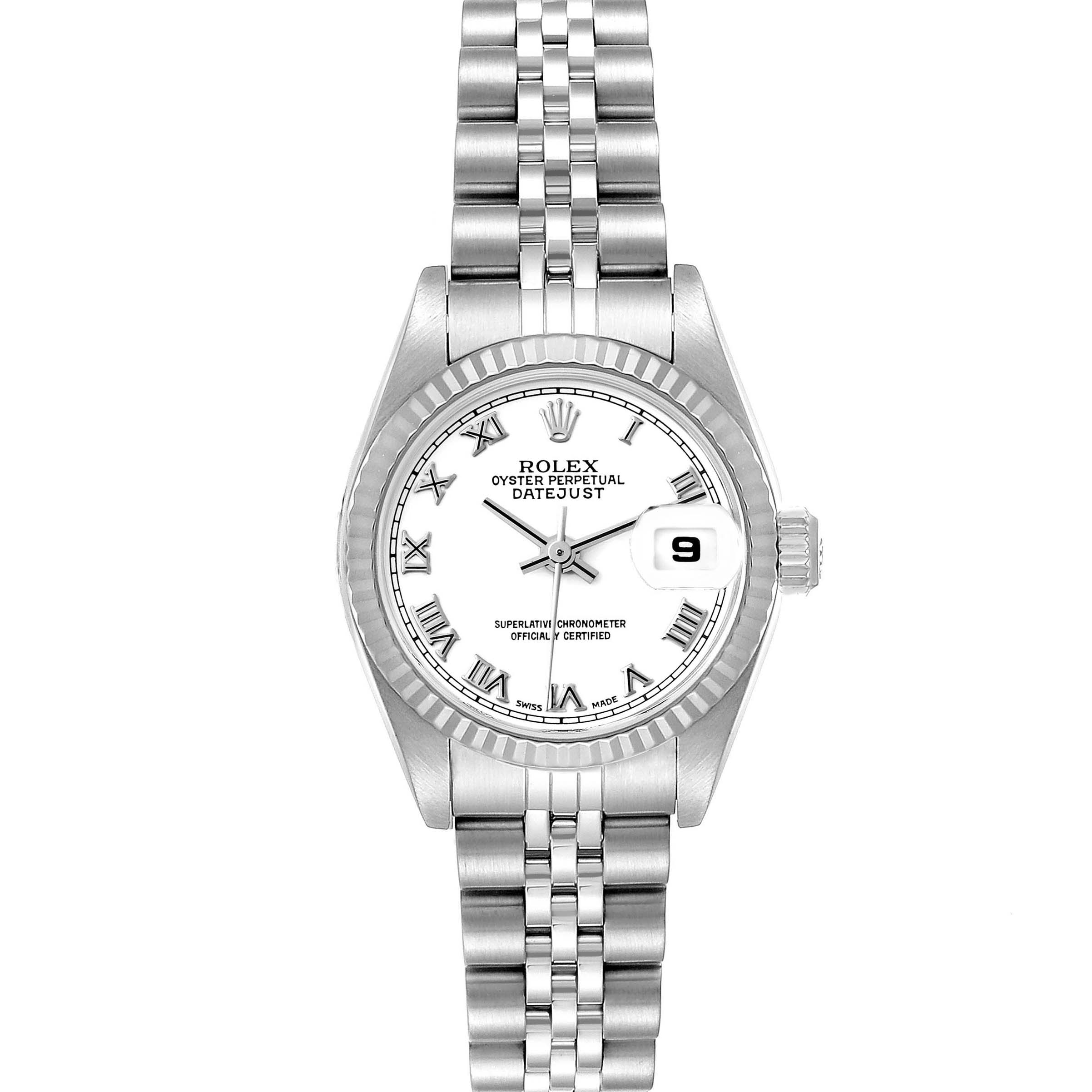 The Rolex Datejust 79174 Women's Stainless Steel White Dial 79174 Women's Stainless Steel White Dial watch is shown from a front angle, highlighting the dial, bezel, bracelet, and date window.