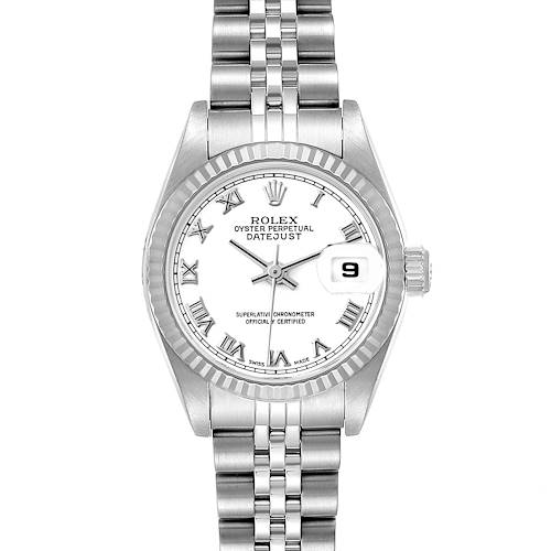 The image shows a frontal view of a Rolex Datejust watch, highlighting its face, bracelet, date window, and crown.