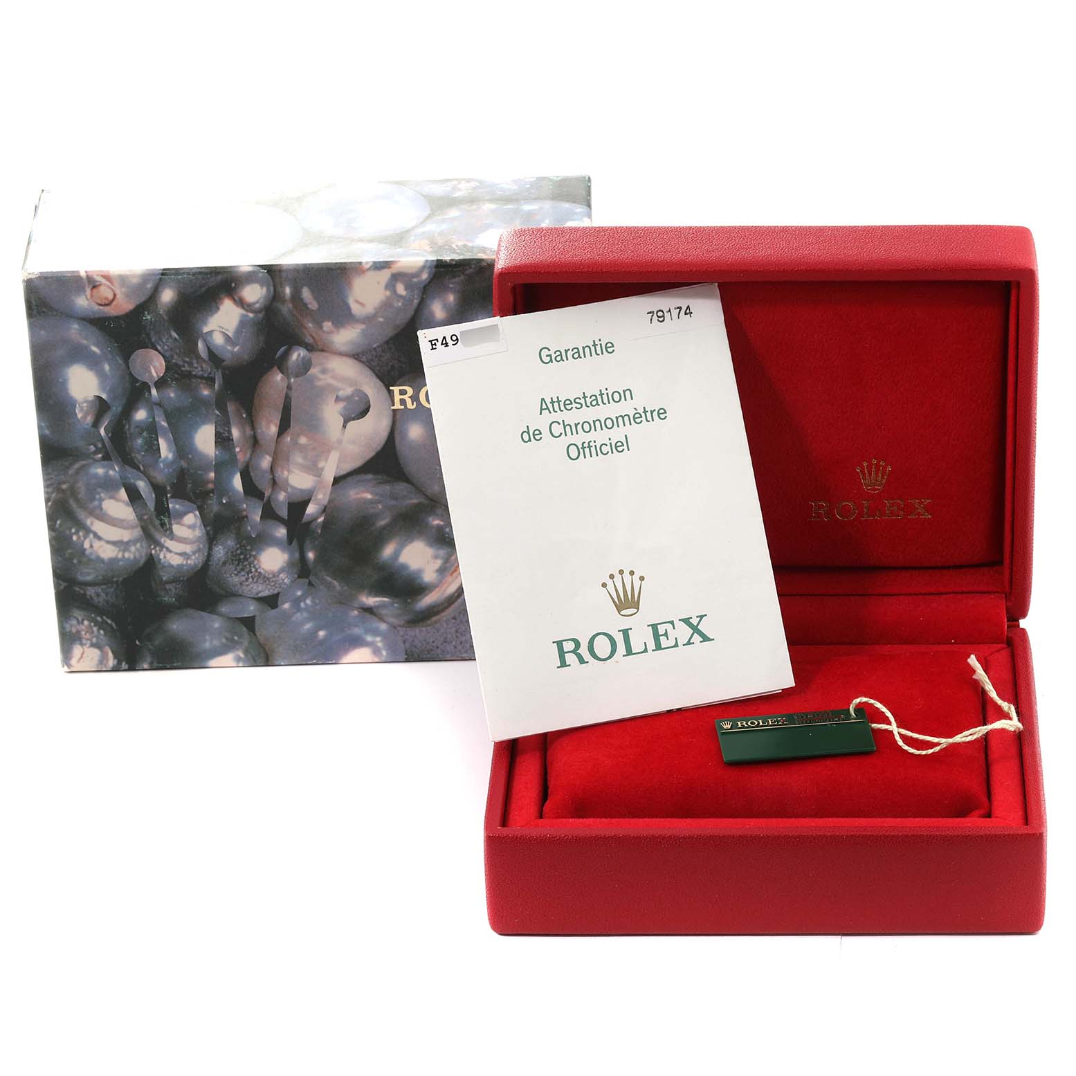 The image shows the packaging, authenticity card, and a tag for a Rolex Datejust 79174 Women's Stainless Steel White Dial 79174 Women's Stainless Steel White Dial watch, including a red box and a printed card.