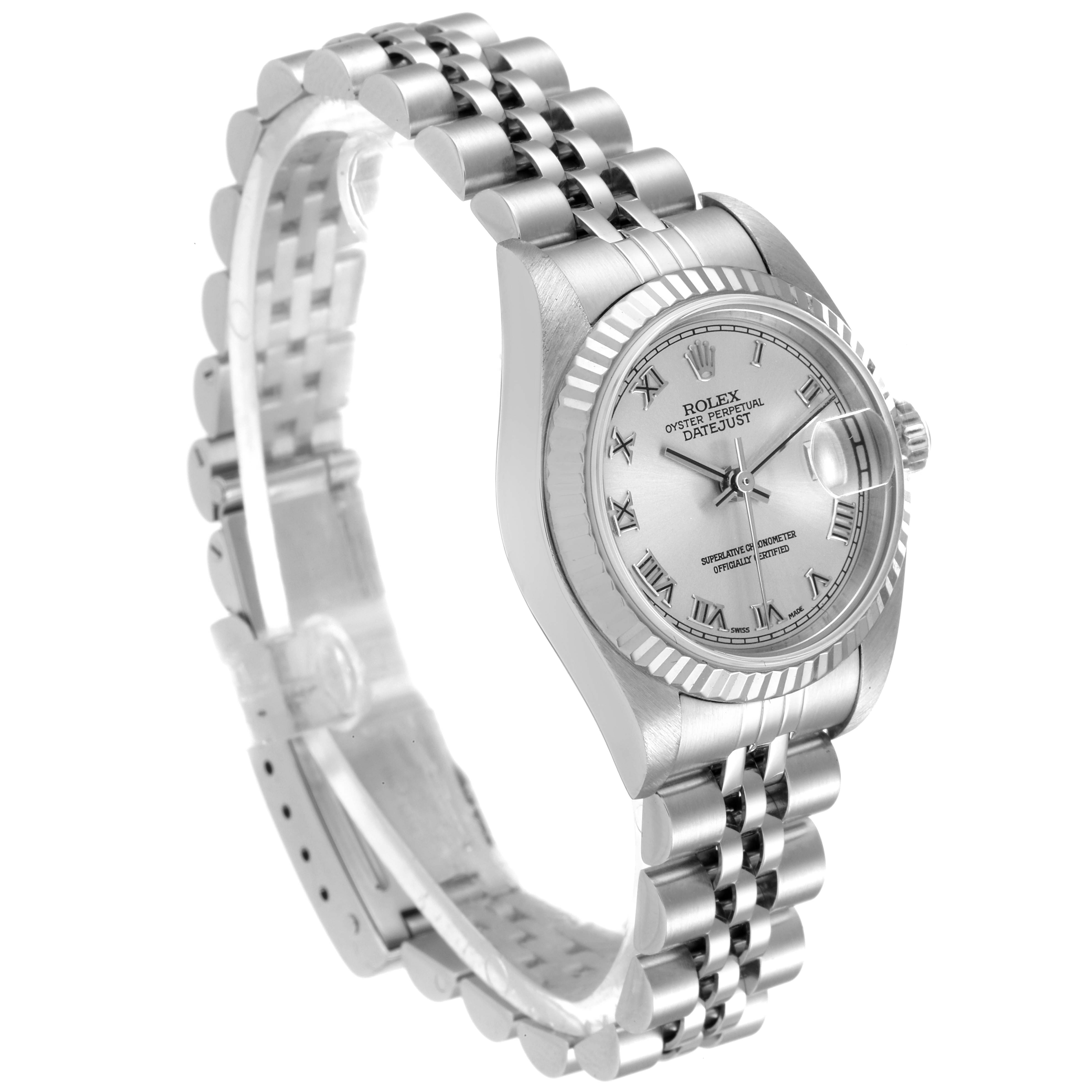 This Rolex Datejust 79174 Women
s Stainless Steel Silver Dial 79174 Women
s Stainless Steel Silver Dial watch is shown at a slight angle, highlighting the face, bezel, and bracelet.