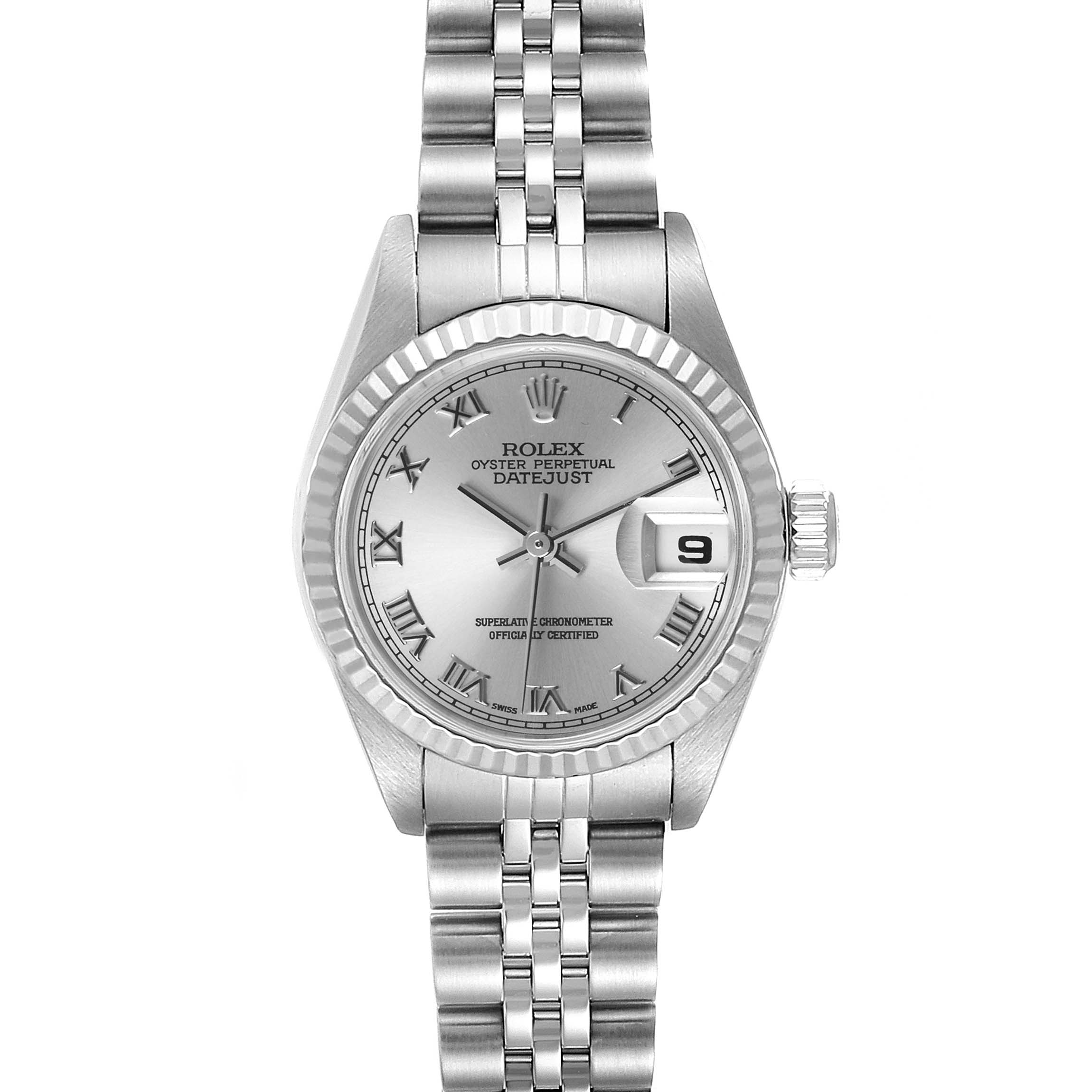 This image shows a front view of the Rolex Datejust 79174 Women
s Stainless Steel Silver Dial 79174 Women
s Stainless Steel Silver Dial watch, displaying the dial, bracelet, and fluted bezel.