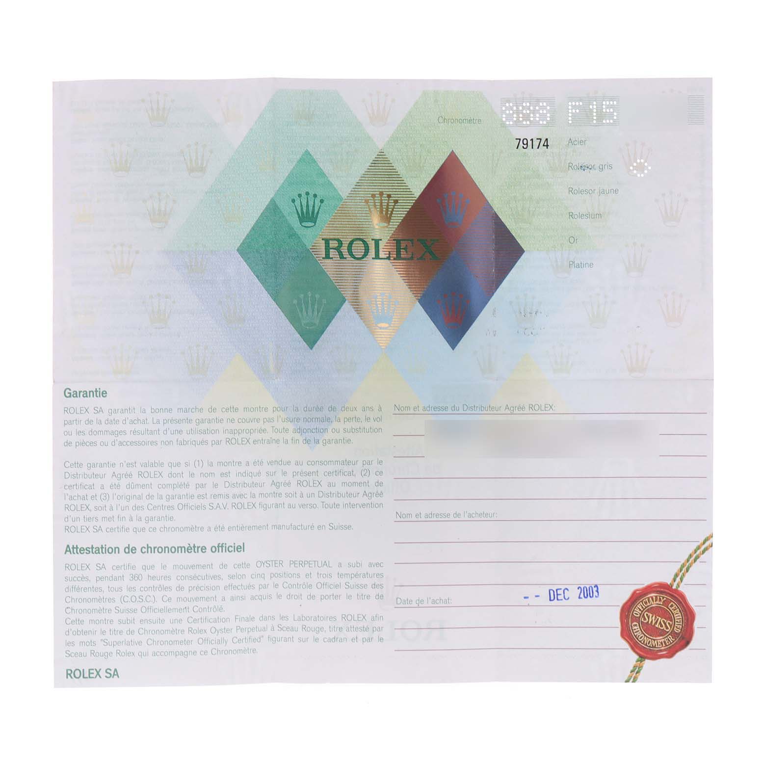 This is an image of the warranty and certification document for the Rolex Datejust 79174 Women
s Stainless Steel Silver Dial 79174 Women
s Stainless Steel Silver Dial model.