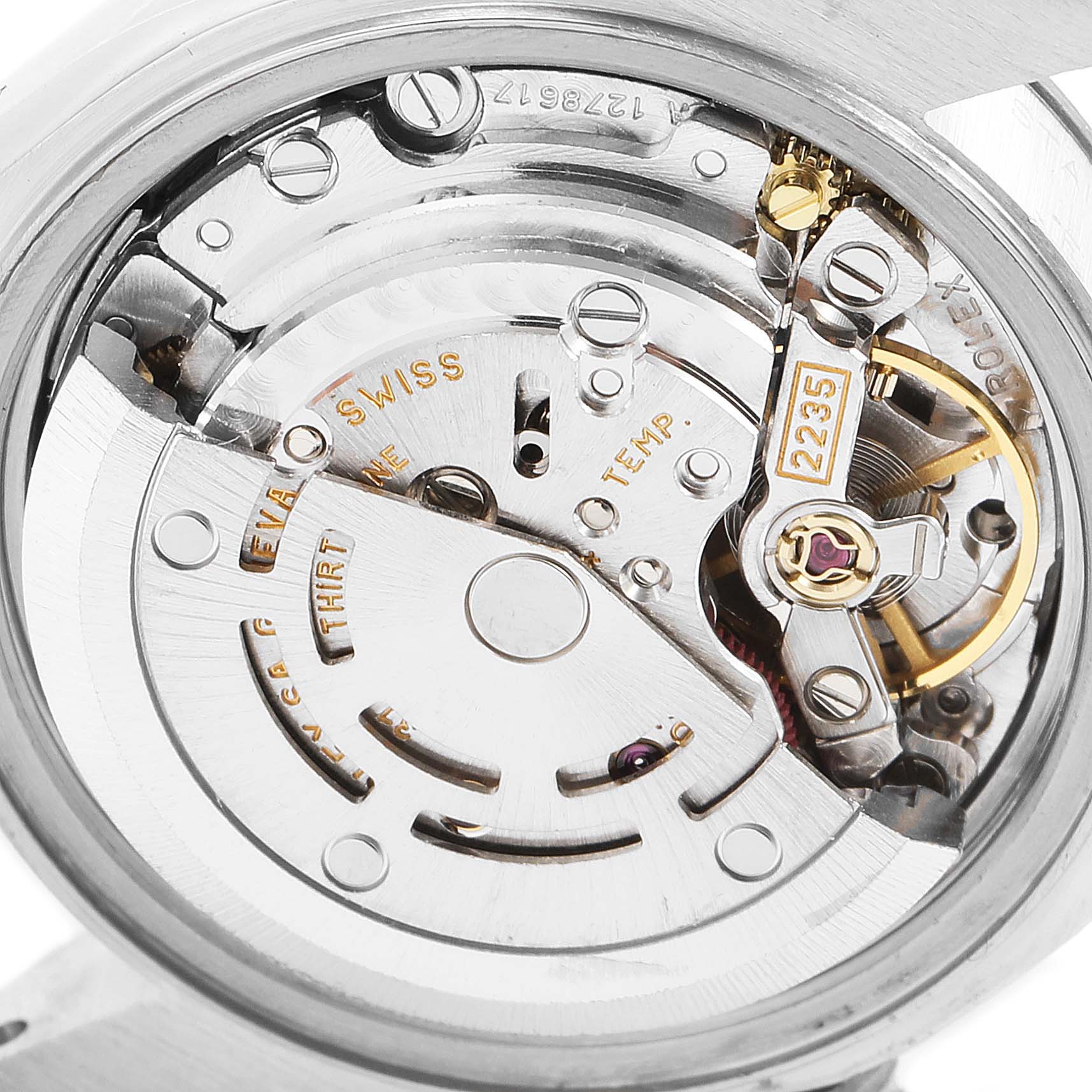 This image shows a close-up view of the movement inside a Rolex Datejust 79174 Women
s Stainless Steel Silver Dial 79174 Women
s Stainless Steel Silver Dial watch model.