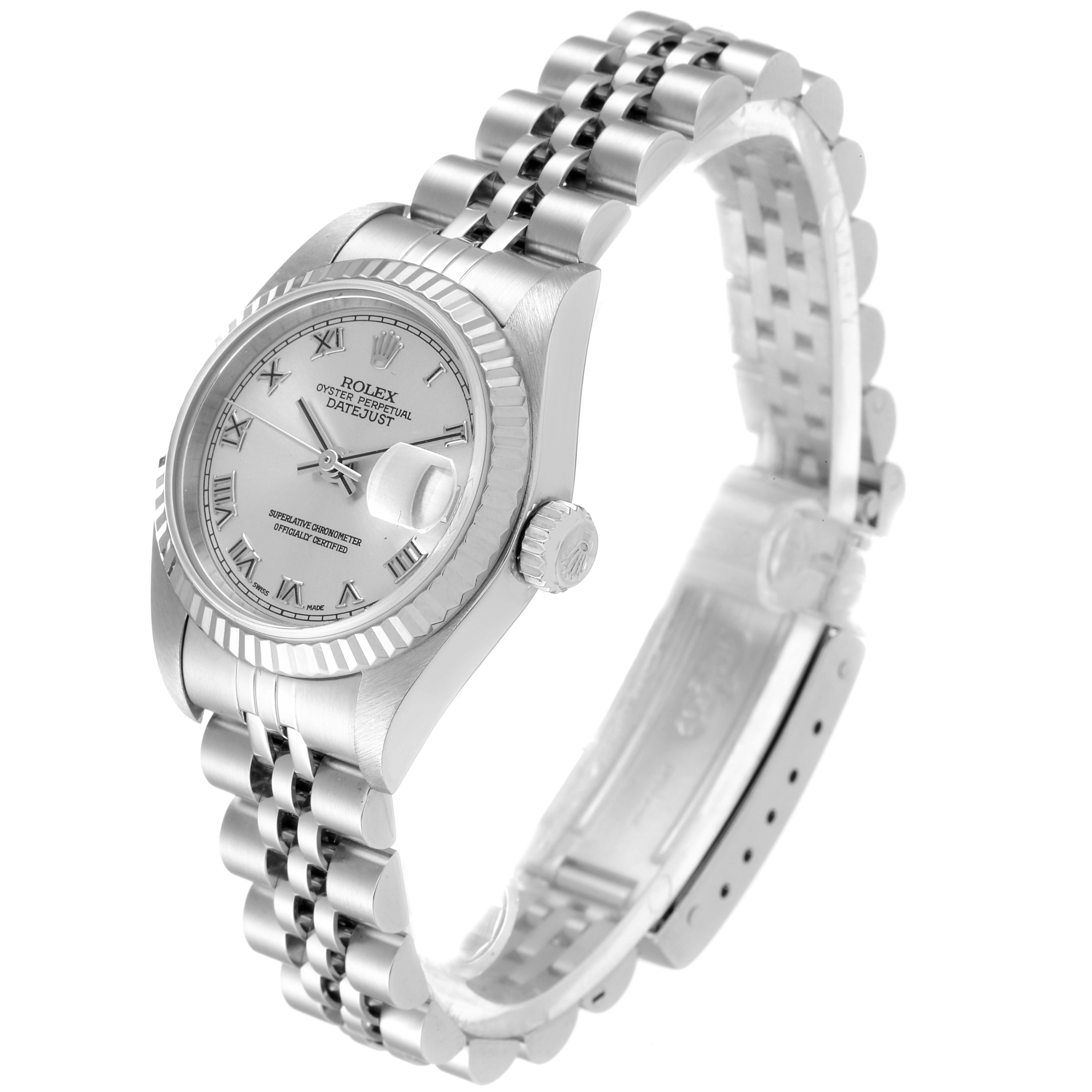 This image shows a side angle of the Rolex Datejust 79174 Women
s Stainless Steel Silver Dial 79174 Women
s Stainless Steel Silver Dial watch, highlighting its face, bezel, crown, and bracelet.
