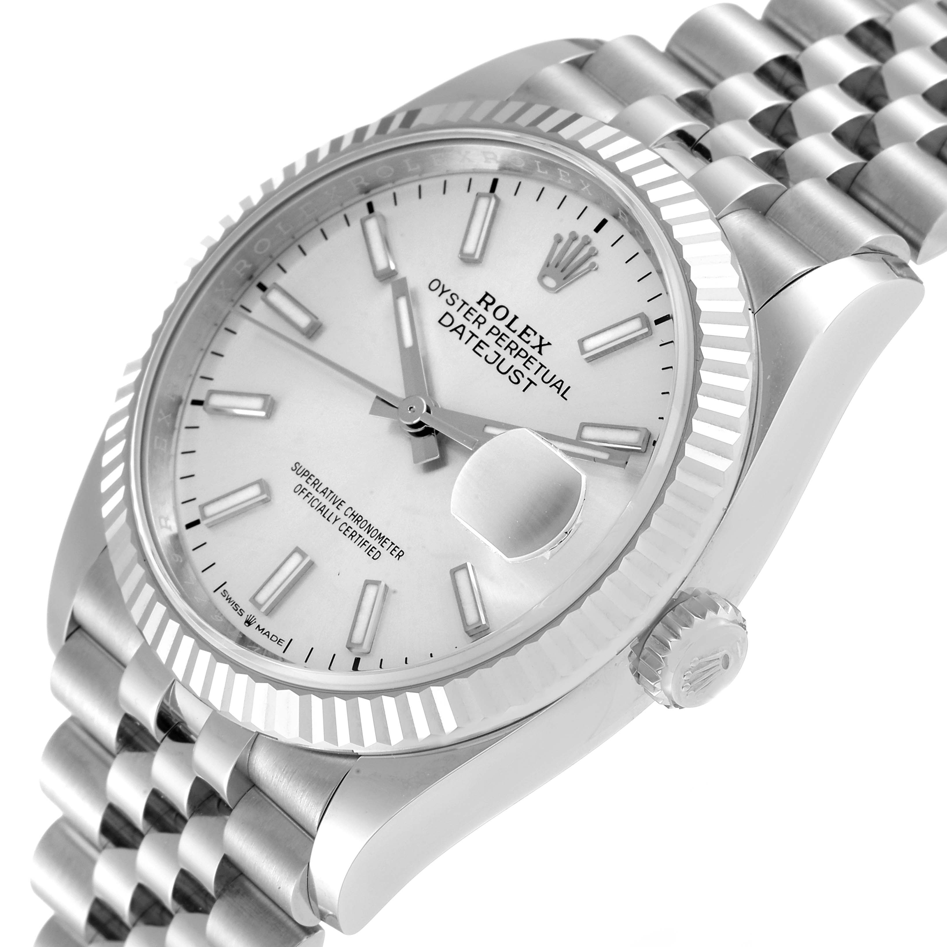 The image shows the face and bracelet of a Rolex Datejust 126234 Men's Stainless Steel Silver Dial 126234 Men's Stainless Steel Silver Dial watch at an angle highlighting the bezel, dial, and crown.