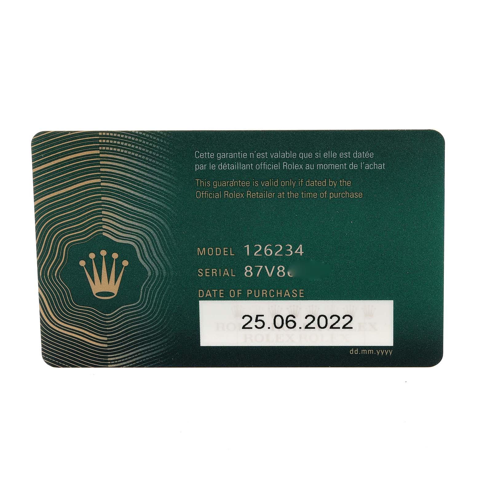 This image shows a Rolex Datejust 126234 Men's Stainless Steel Silver Dial 126234 Men's Stainless Steel Silver Dial model warranty card with model number 126234 and a purchase date of 25.06.2022.