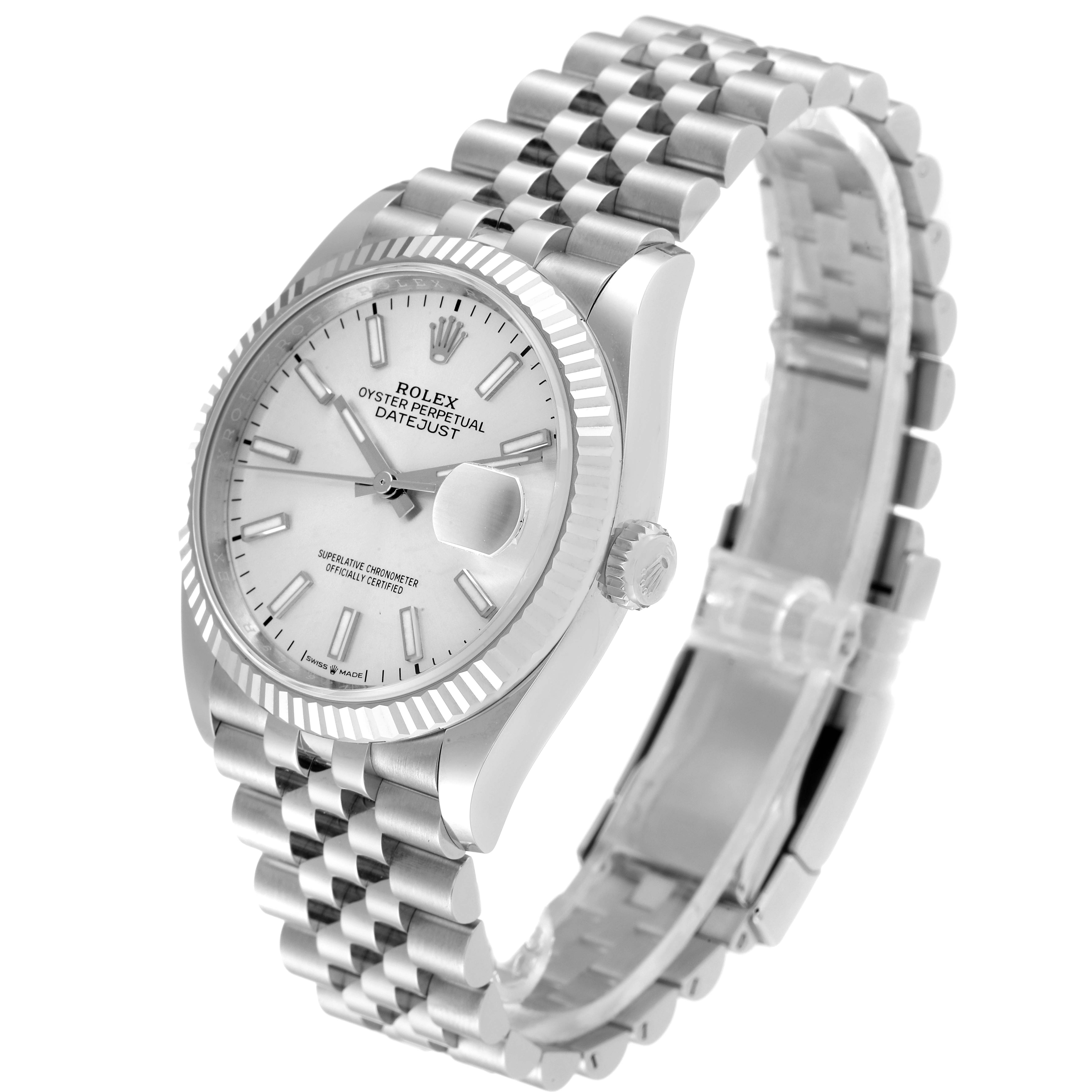 The Rolex Datejust 126234 Men's Stainless Steel Silver Dial 126234 Men's Stainless Steel Silver Dial watch is shown at a three-quarter angle, displaying the face, fluted bezel, crown, and Jubilee bracelet.