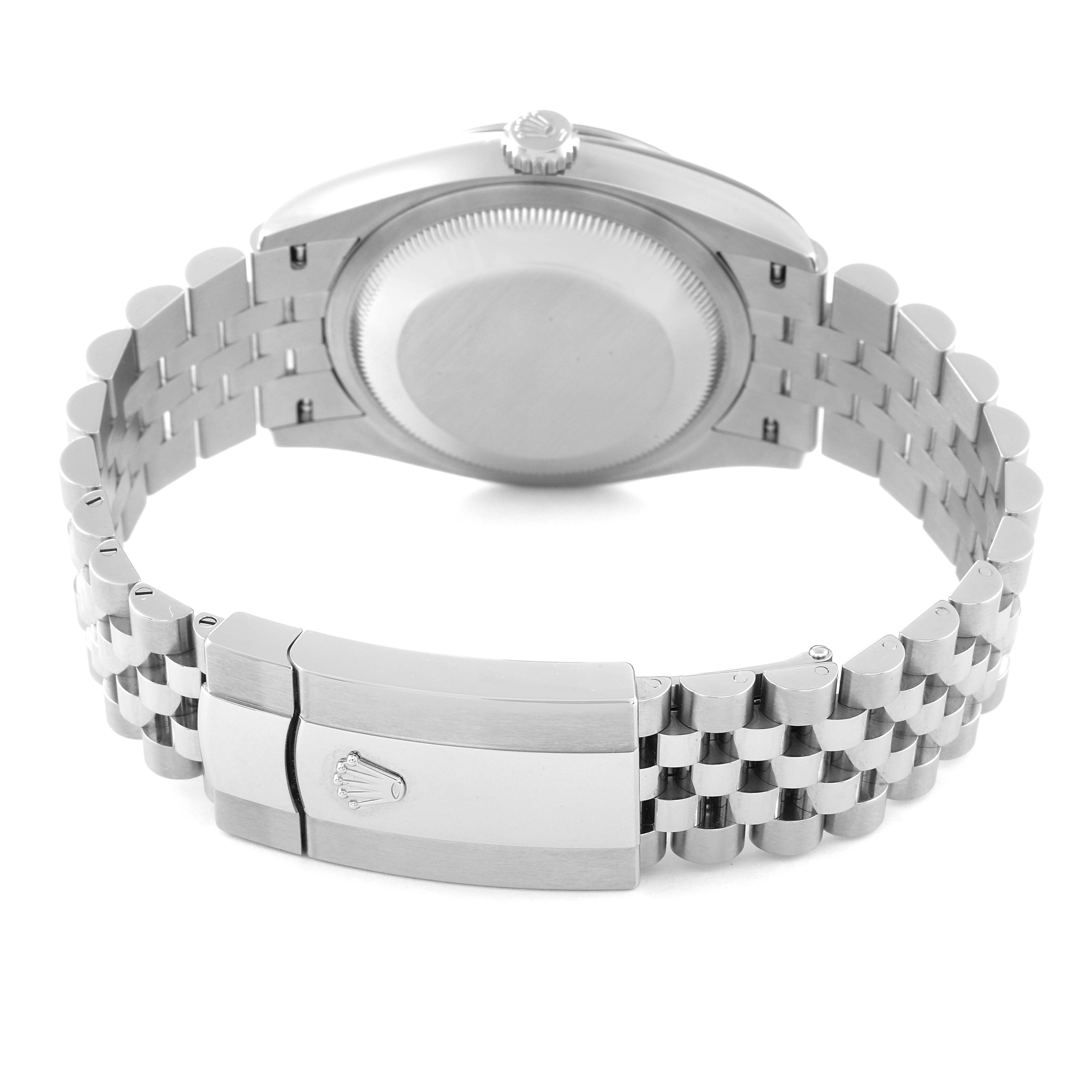 This image shows the back view of a Rolex Datejust 126234 Men's Stainless Steel Silver Dial 126234 Men's Stainless Steel Silver Dial watch, highlighting its stainless steel case, crown, and Jubilee bracelet with clasp.