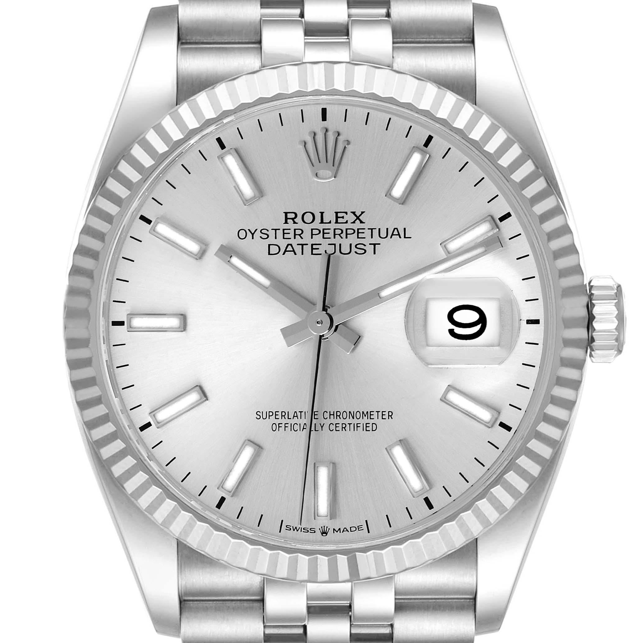 This is a frontal view of a Rolex Datejust 126234 Men's Stainless Steel Silver Dial 126234 Men's Stainless Steel Silver Dial watch featuring the dial, bezel, crown, and part of the bracelet.