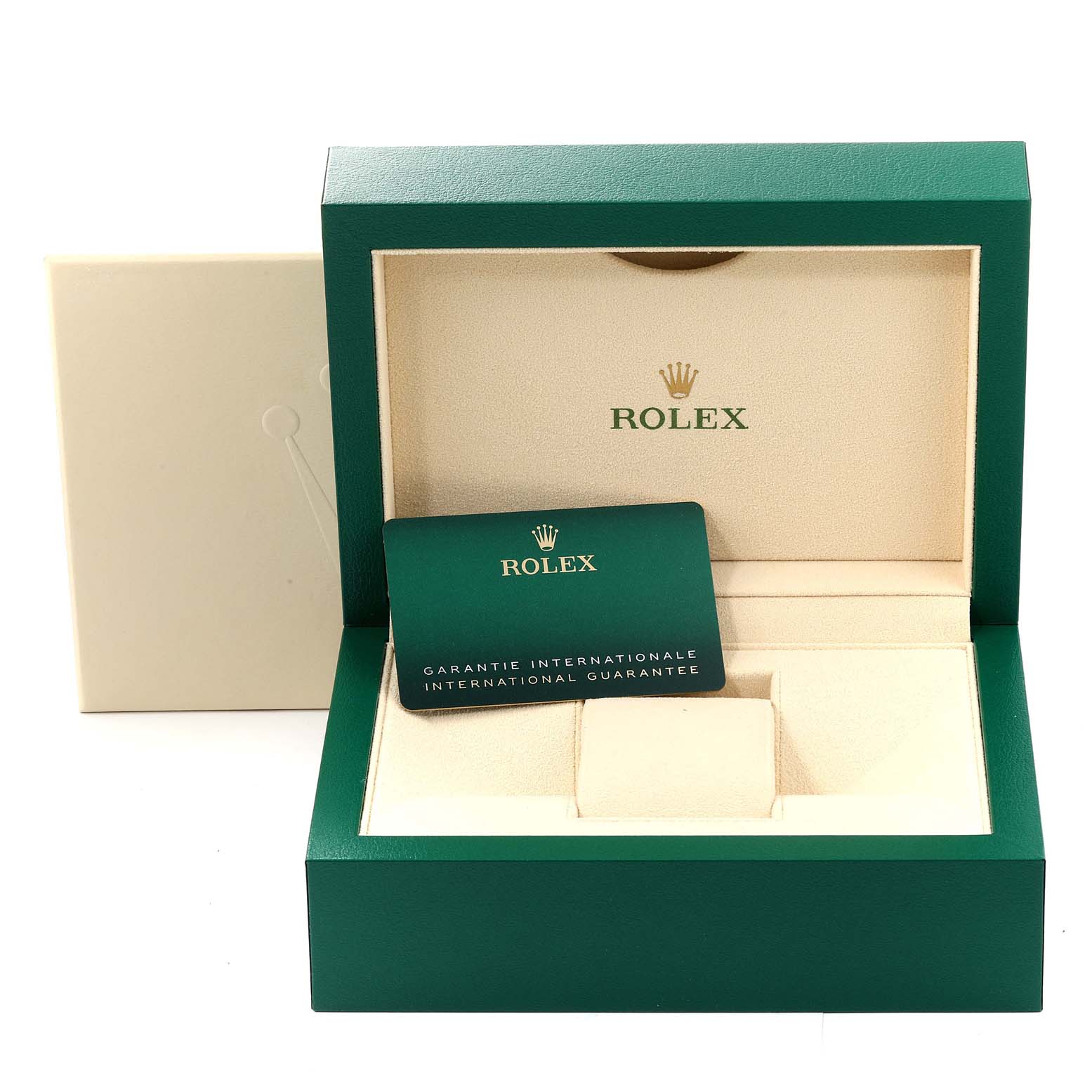 The image shows a green and beige Rolex Datejust 126234 Men's Stainless Steel Silver Dial 126234 Men's Stainless Steel Silver Dial watch box, open to display the international guarantee card.
