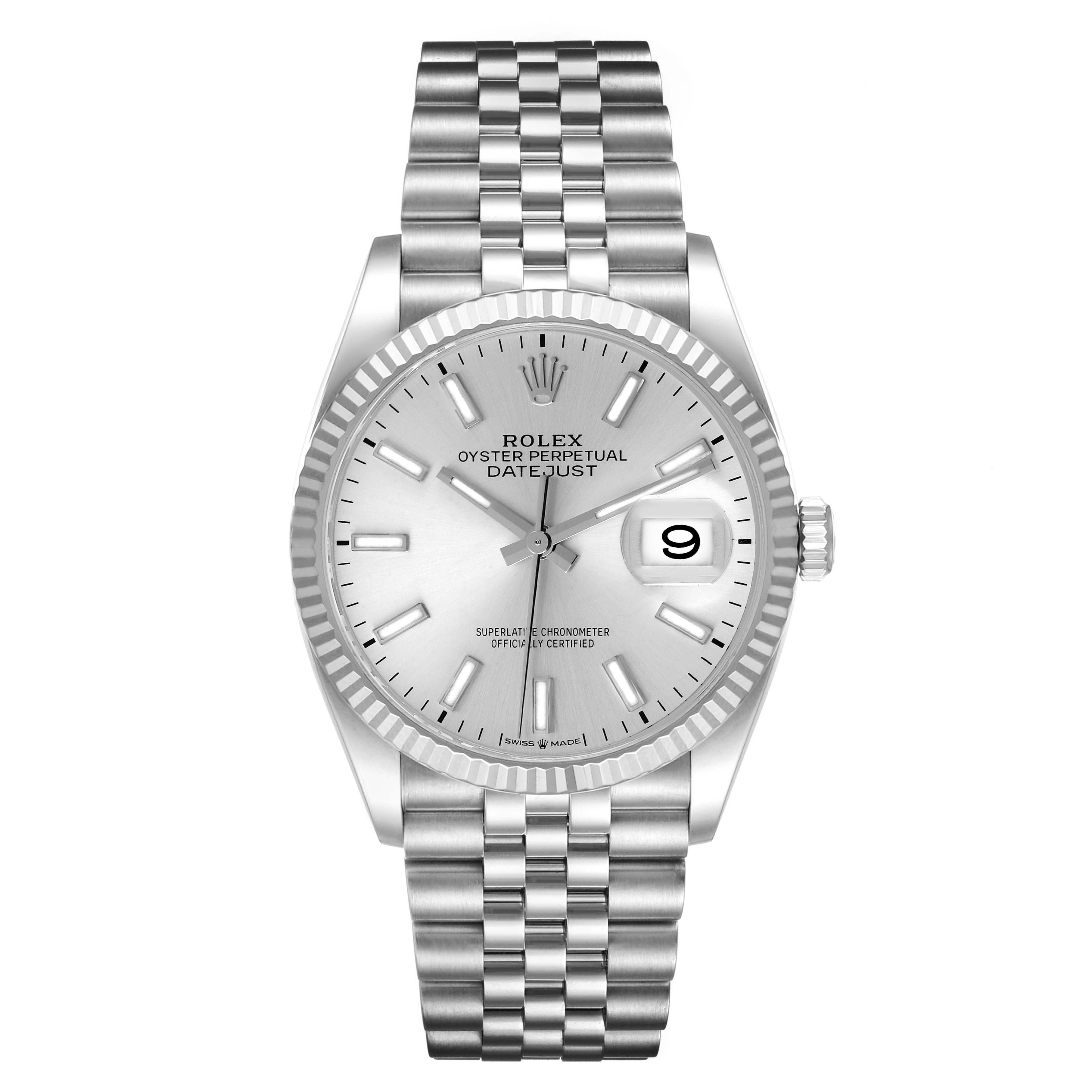 The image shows a front view of a Rolex Datejust 126234 Men's Stainless Steel Silver Dial 126234 Men's Stainless Steel Silver Dial watch, showcasing the dial, bezel, and bracelet.